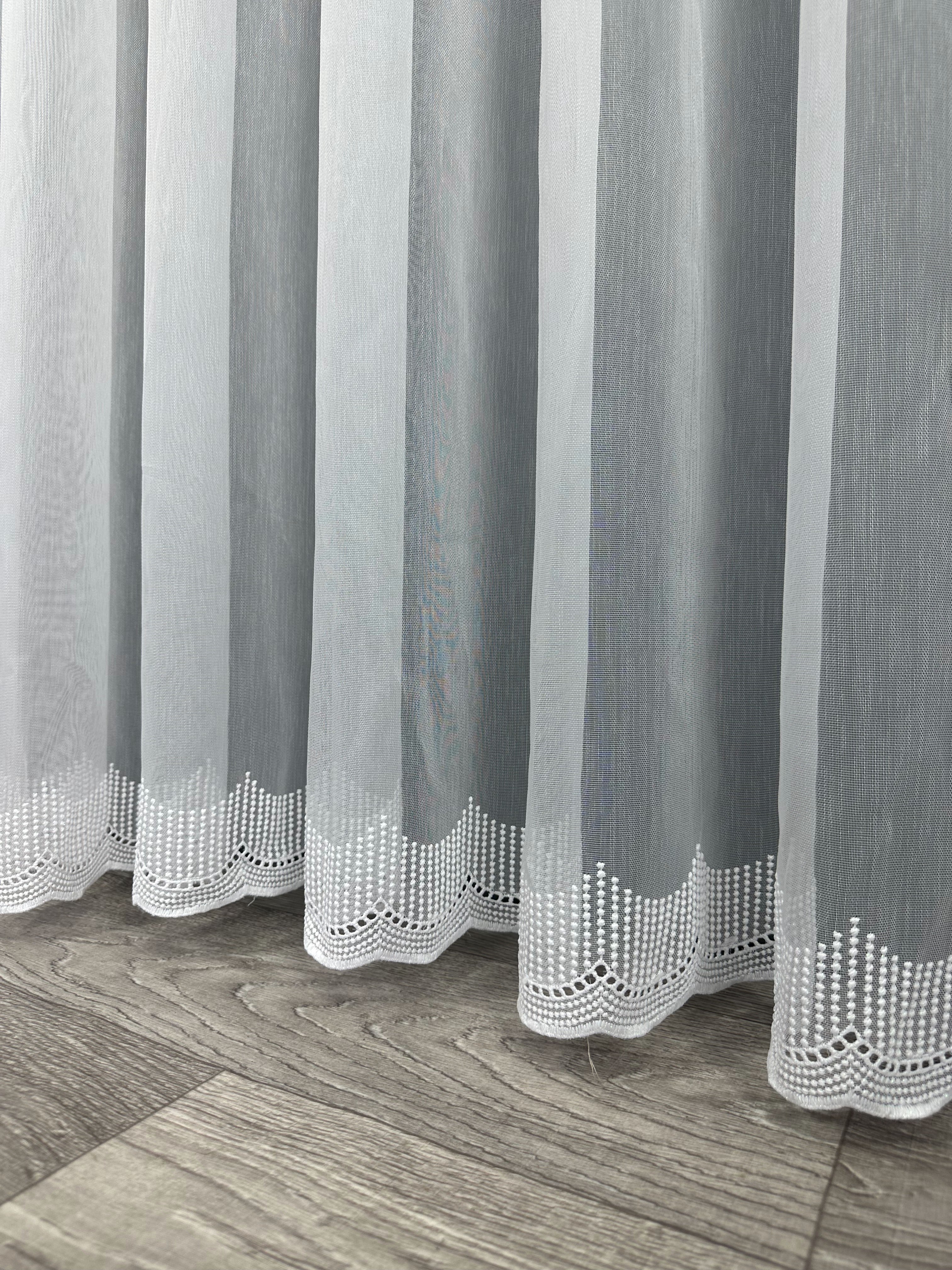 Sheer curtain with chenille embroidery on the bottom , white color