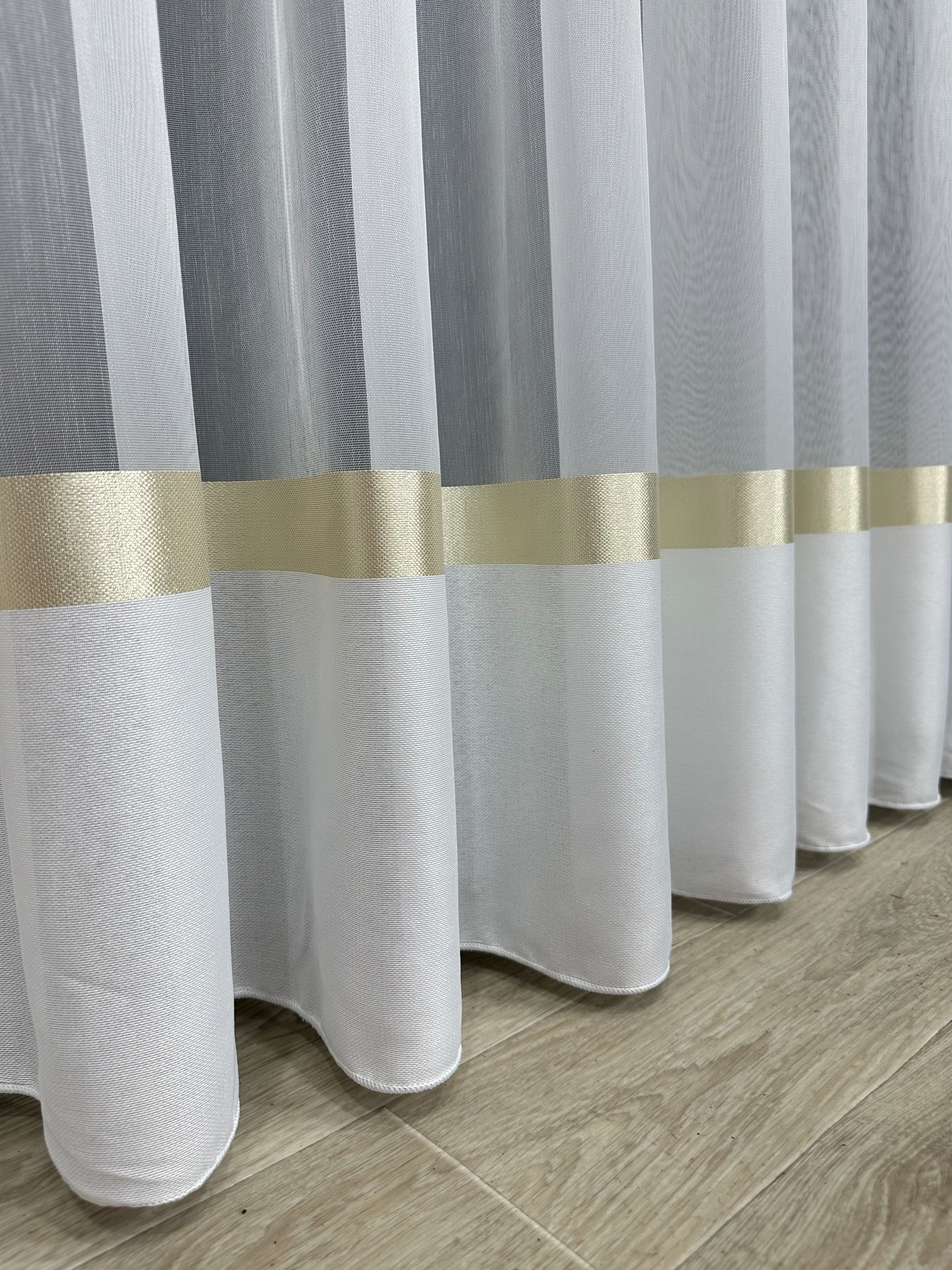 Sheer curtain with stripes and satin inserts, golden color