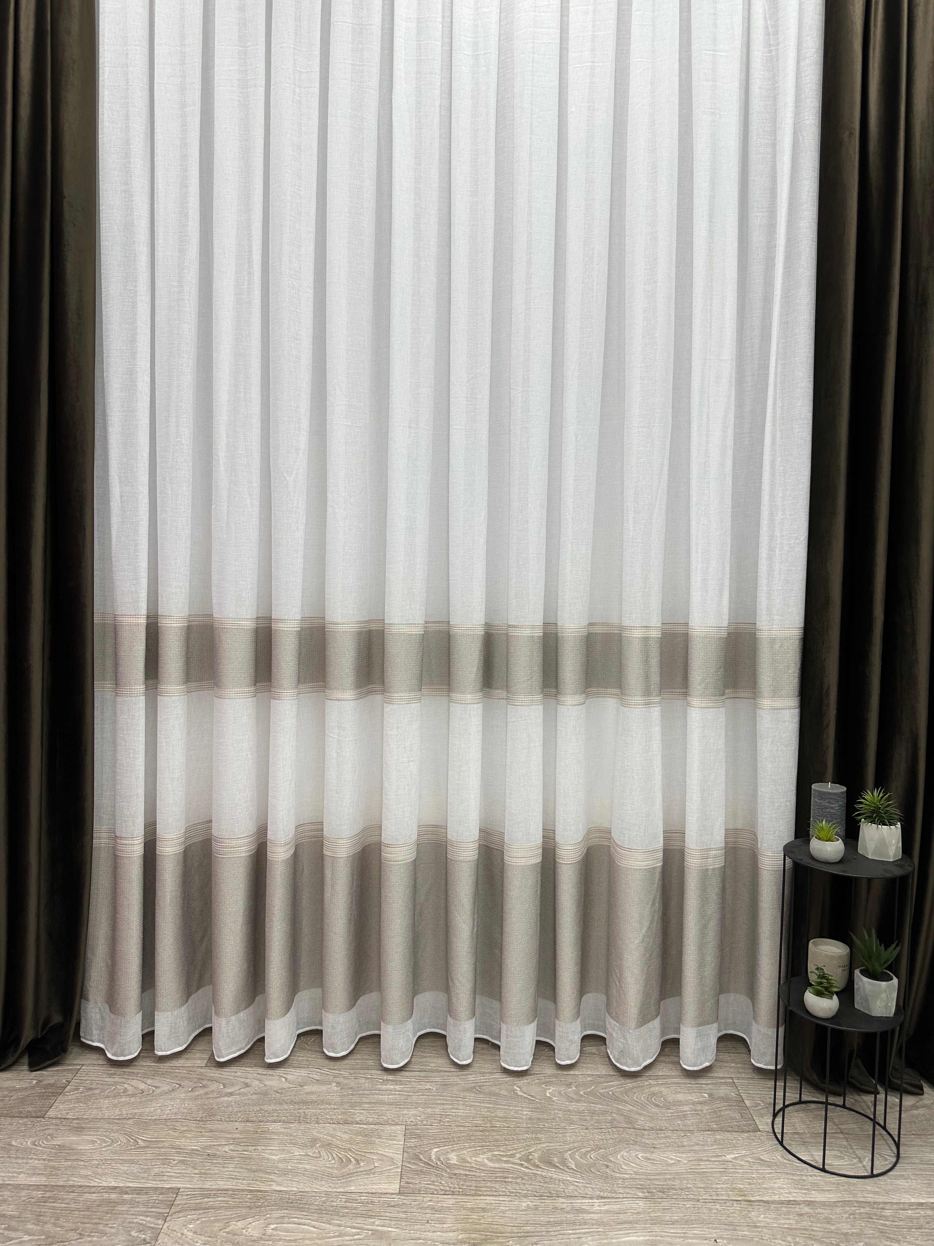 Linen sheer curtain with stripes, brown color