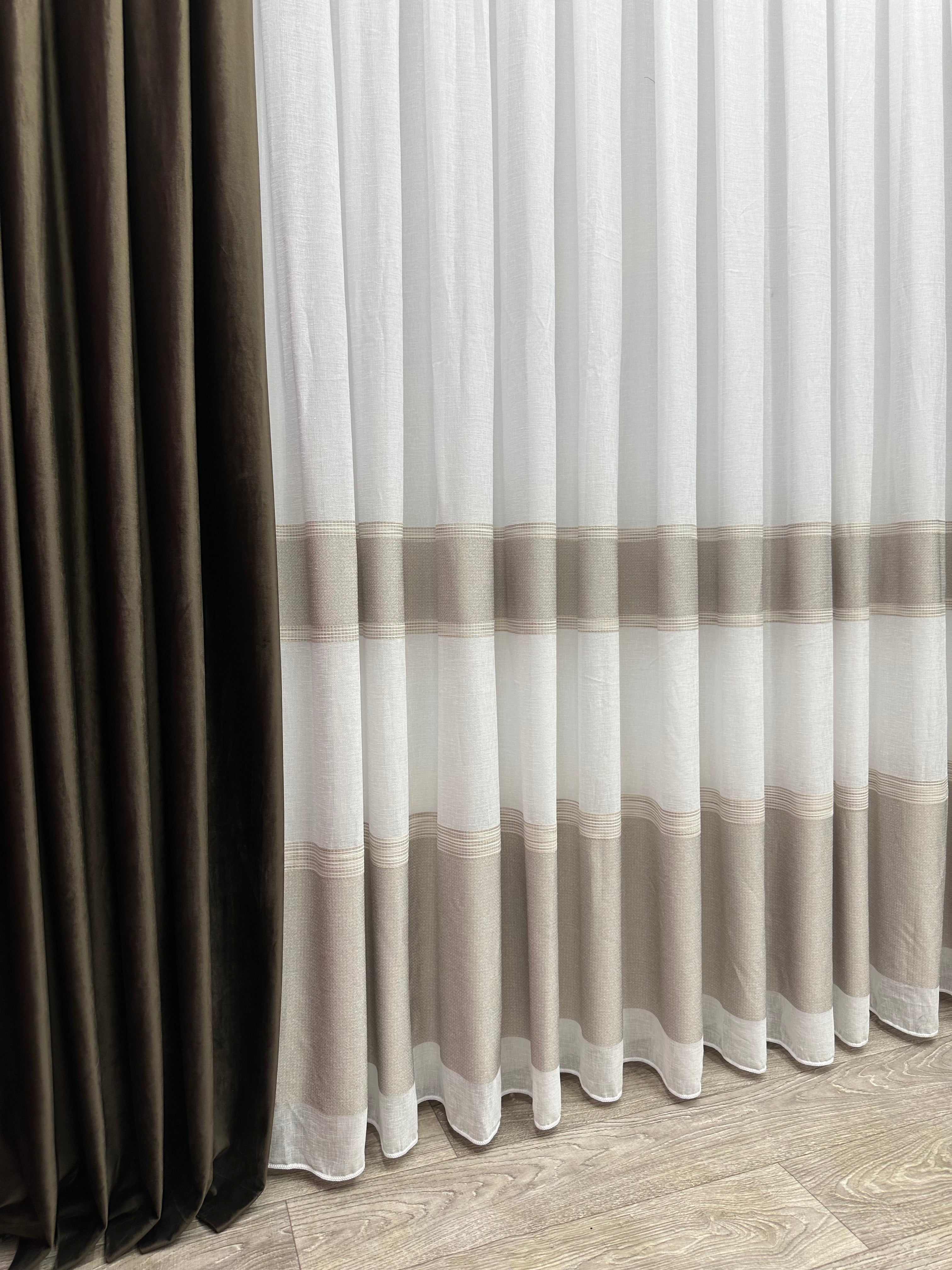 Linen sheer curtain with stripes, brown color