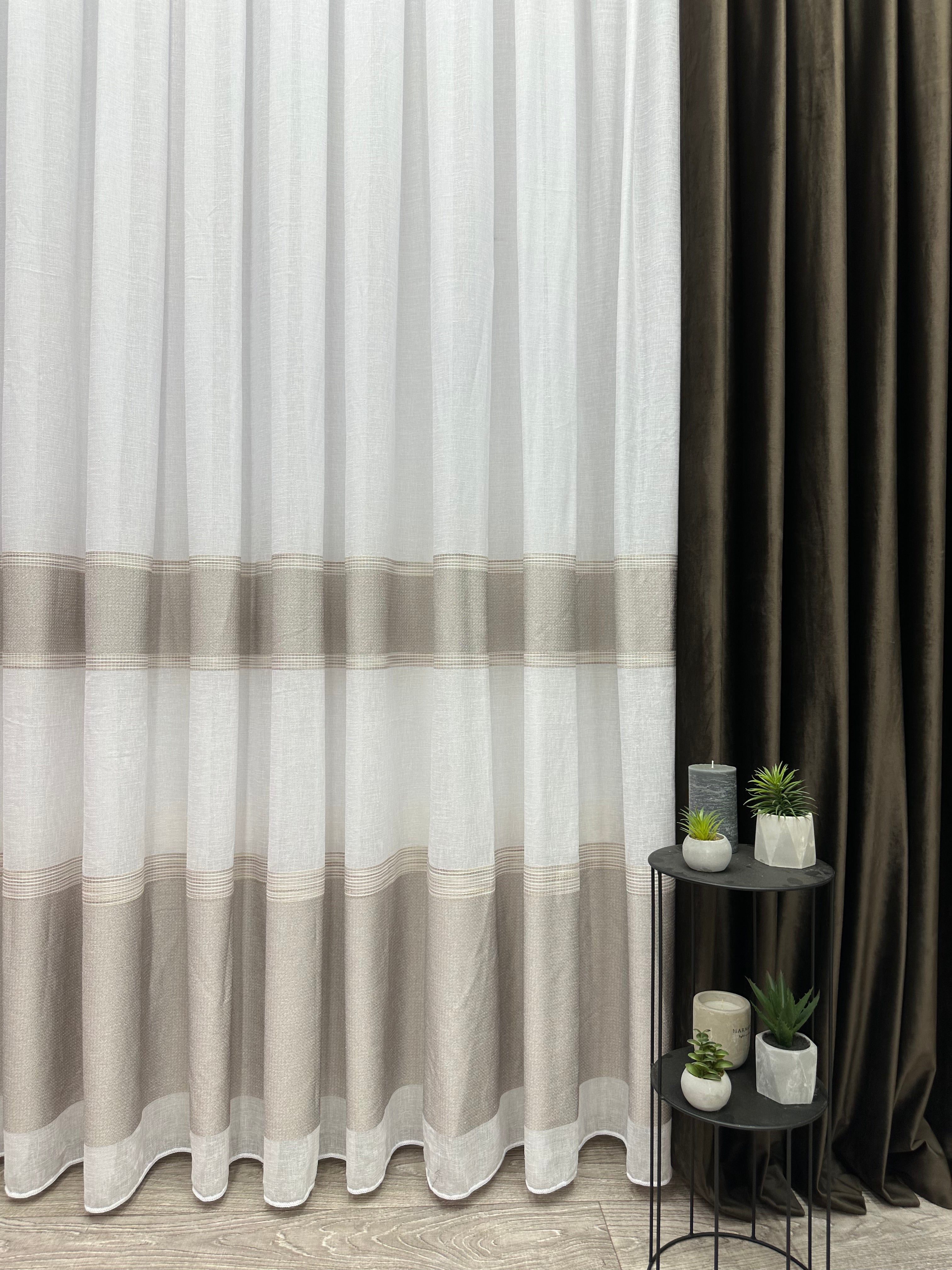 Linen sheer curtain with stripes, brown color