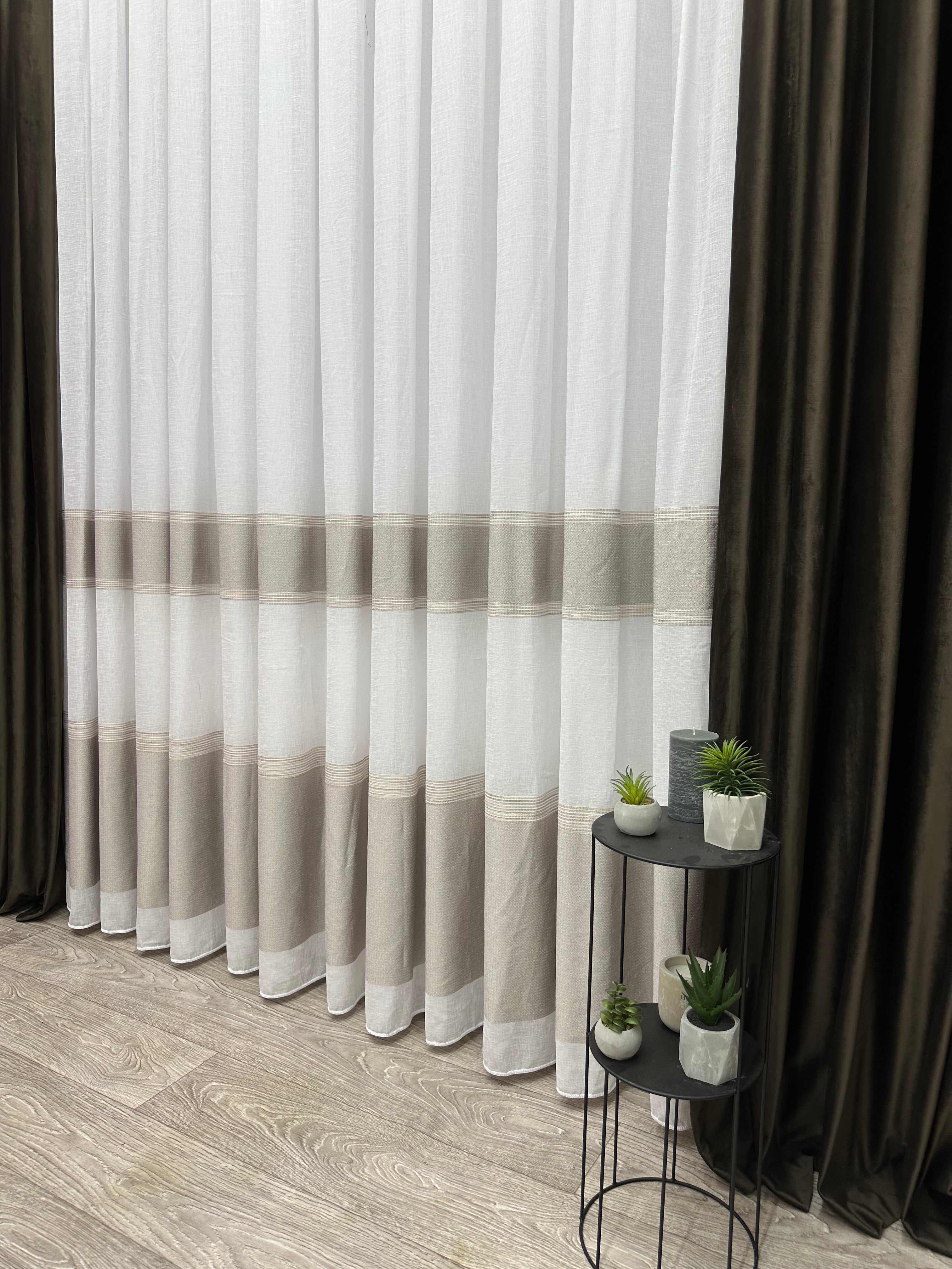 Linen sheer curtain with stripes, brown color