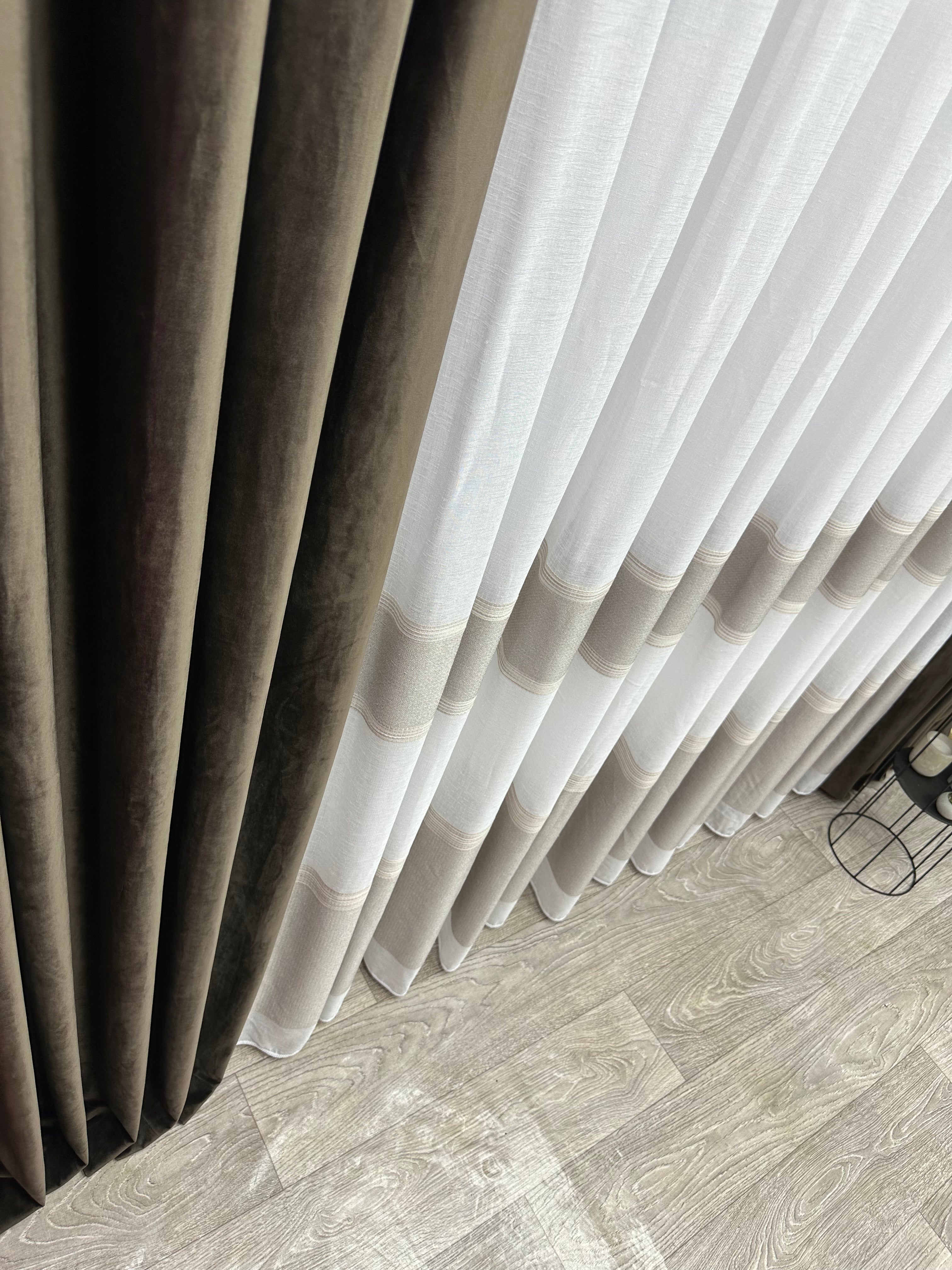Linen sheer curtain with stripes, brown color
