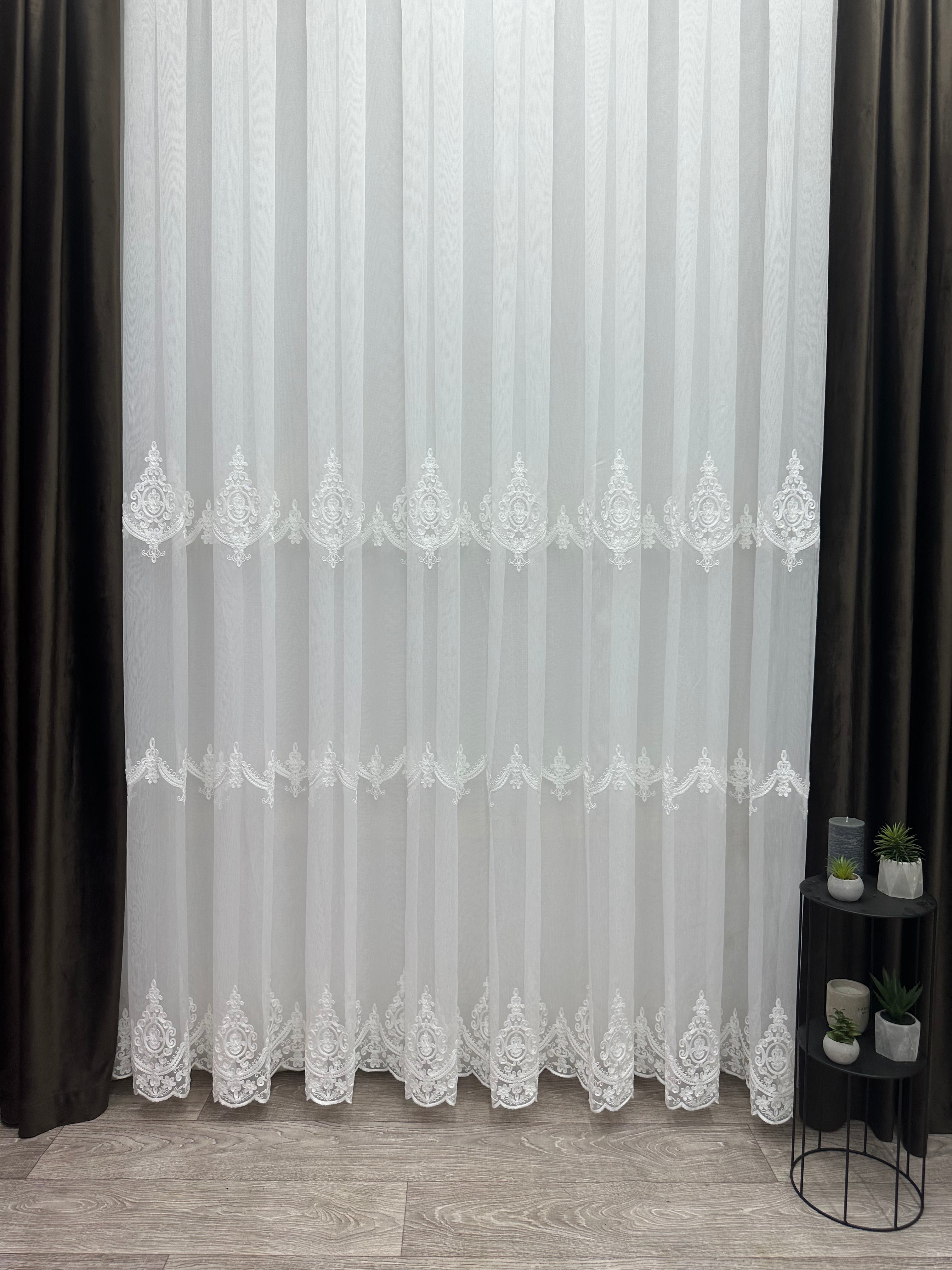 Bamboo-based sheer curtain with chenille embroidery, milk color