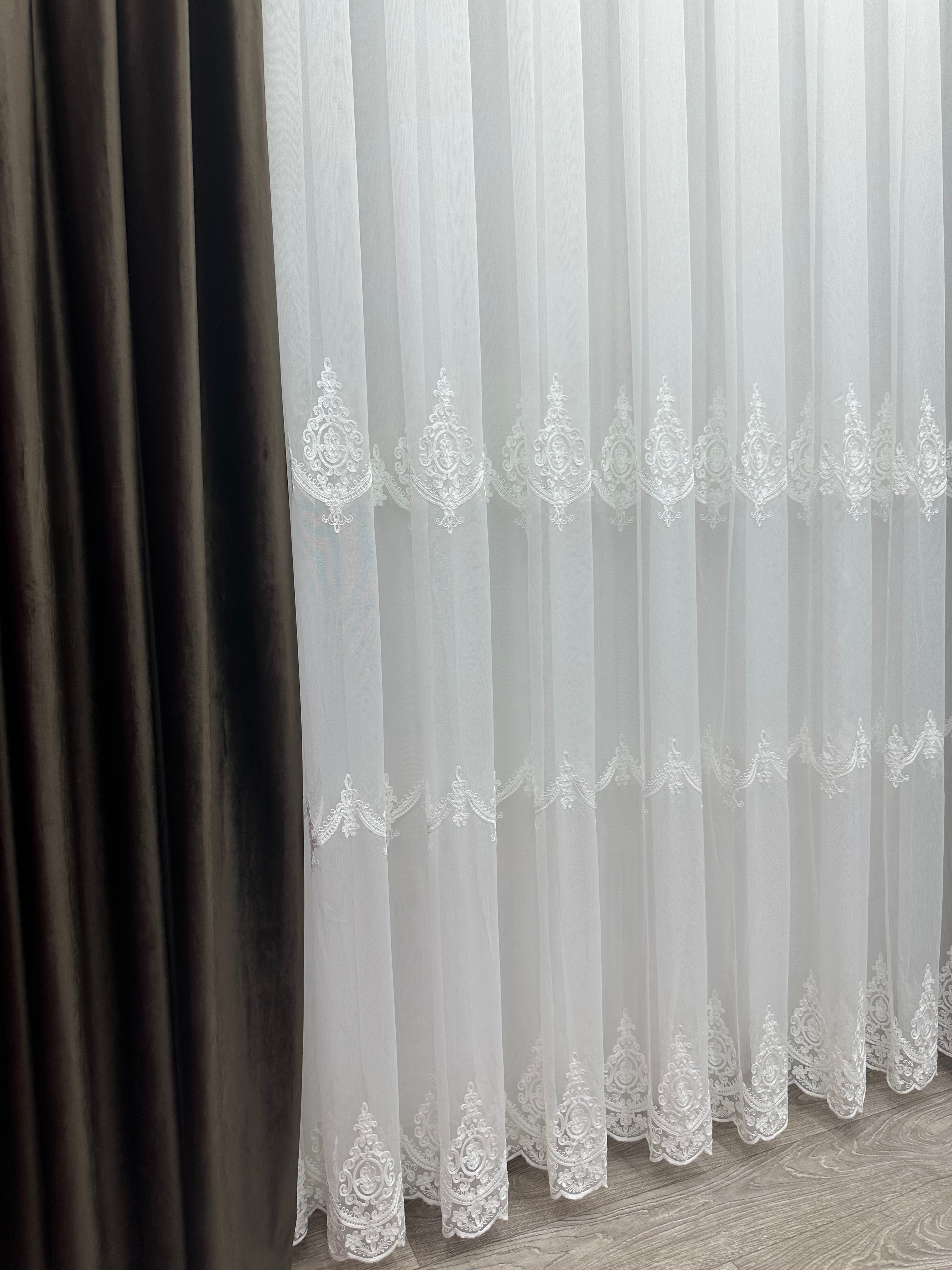 Bamboo-based sheer curtain with chenille embroidery, milk color