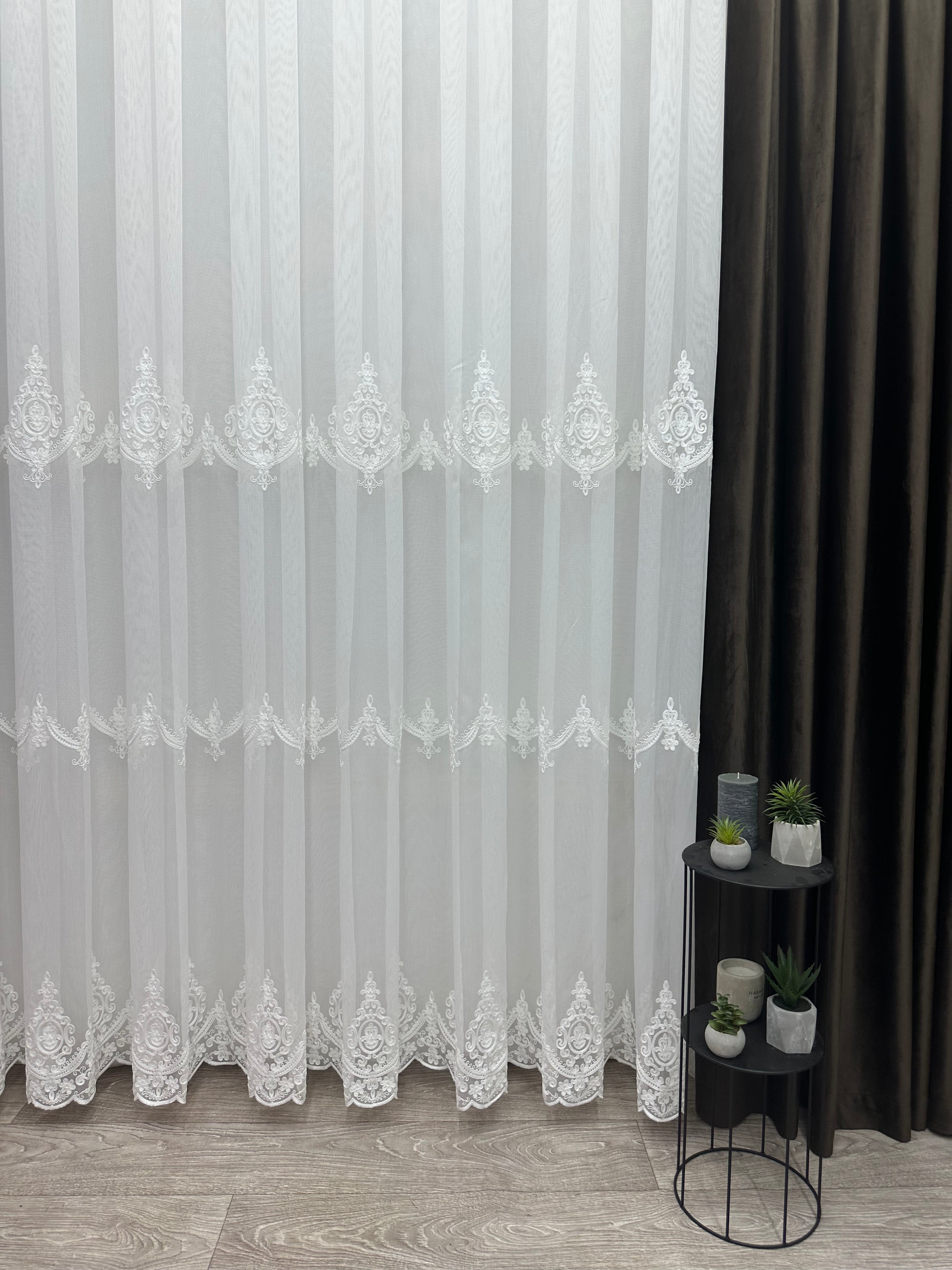 Bamboo-based sheer curtain with chenille embroidery, milk color