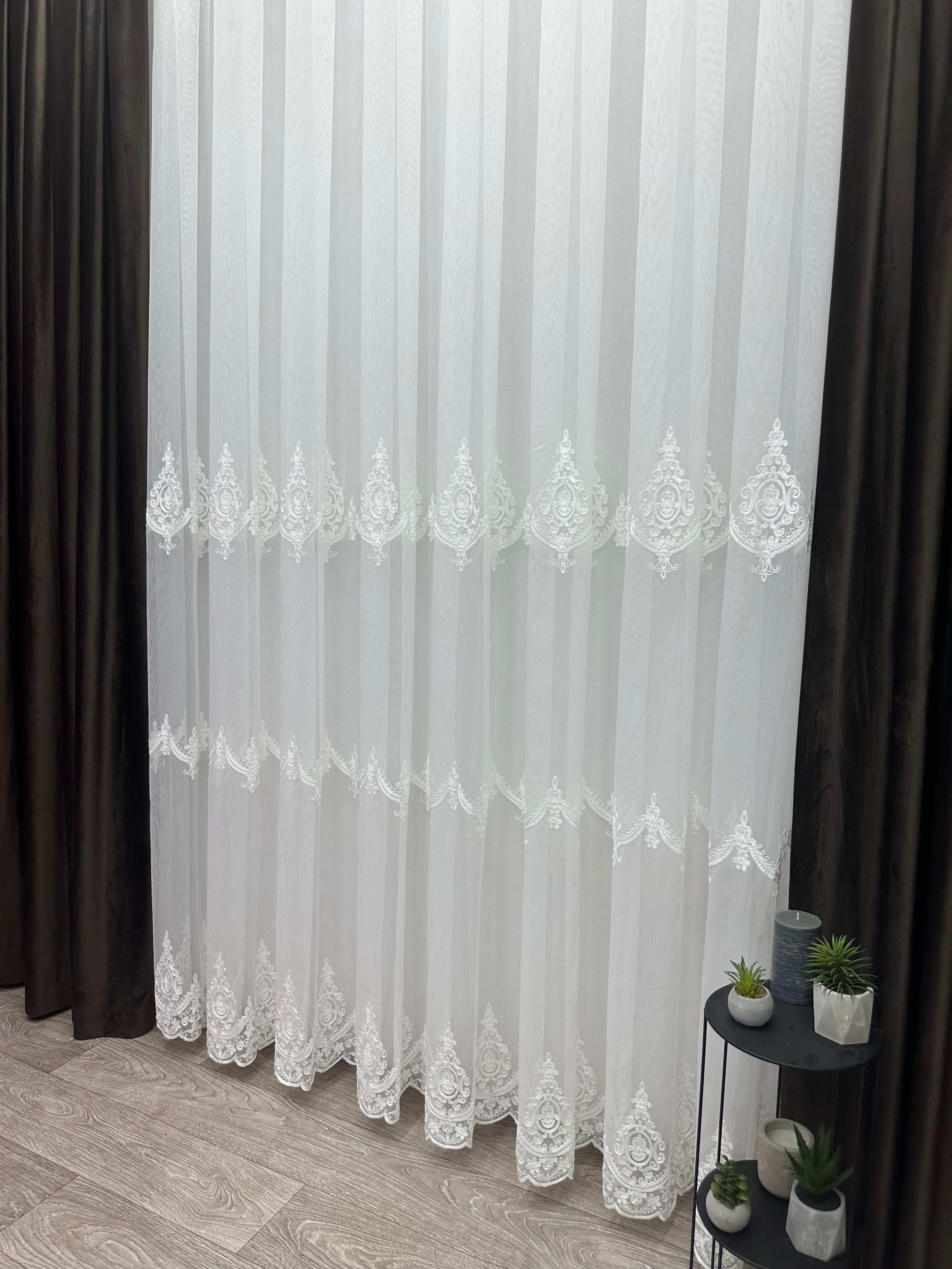 Bamboo-based sheer curtain with chenille embroidery, milk color