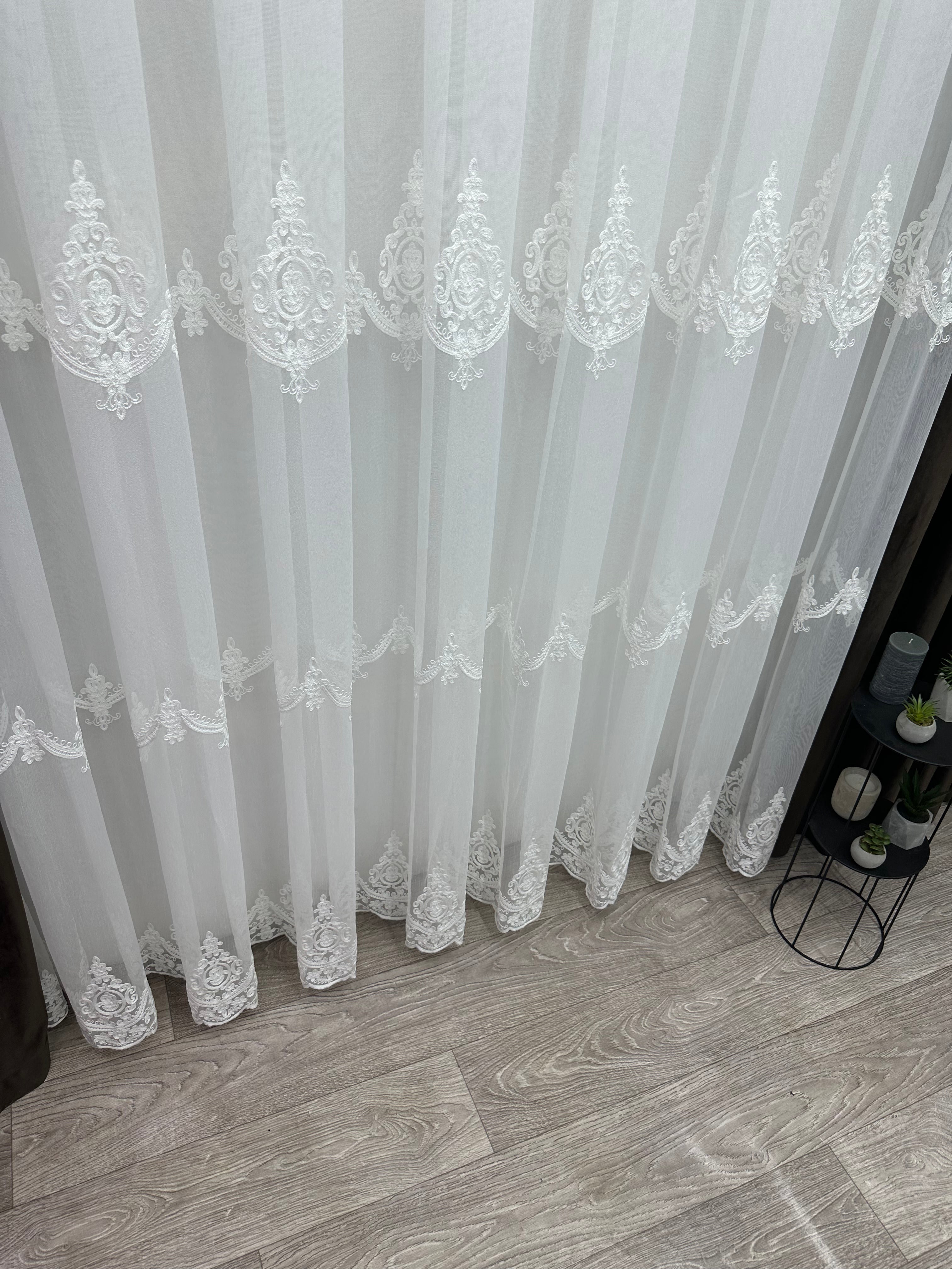 Bamboo-based sheer curtain with chenille embroidery, milk color