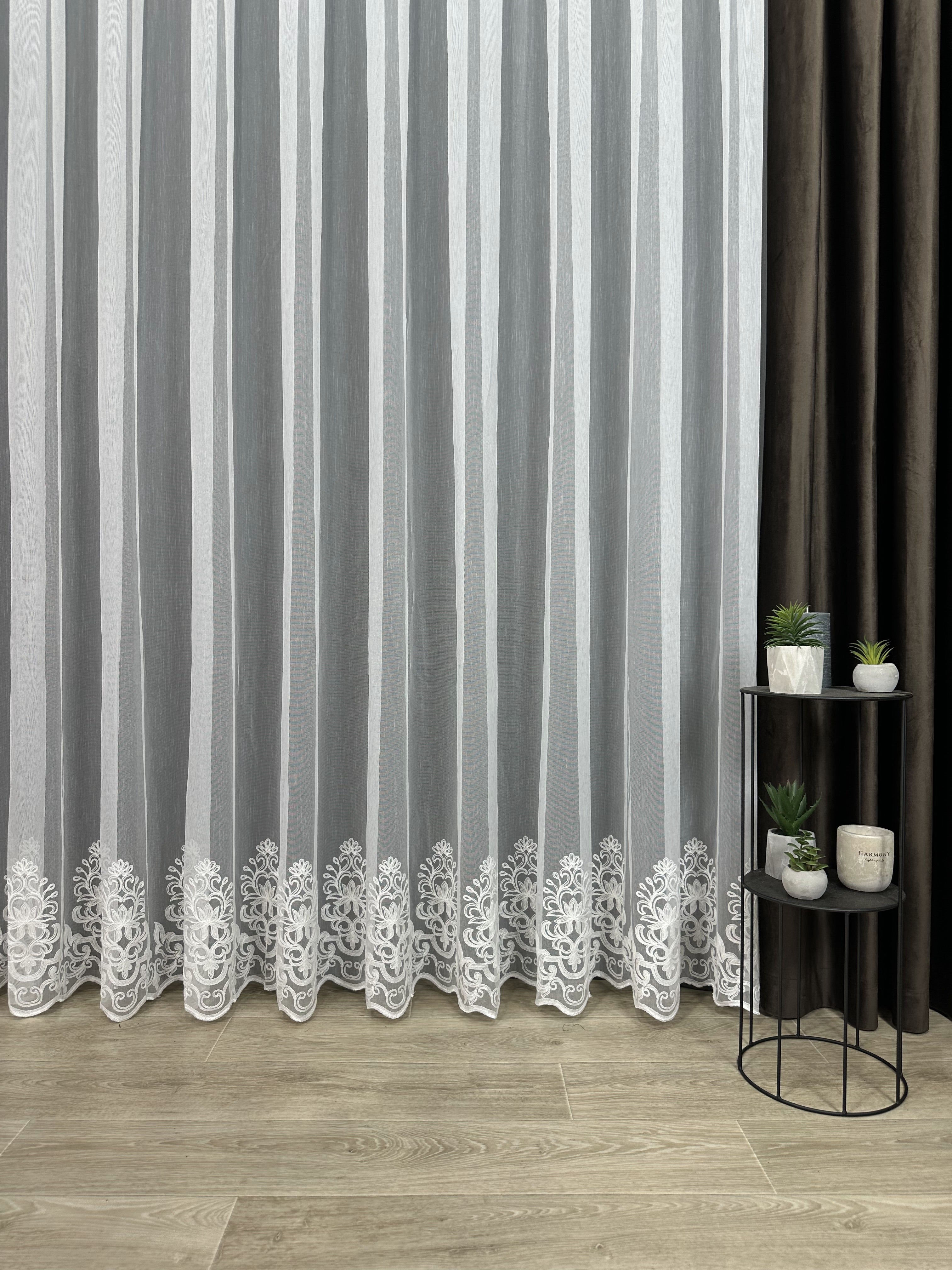 Sheer curtain with chenille embroidery on the bottom , milk color