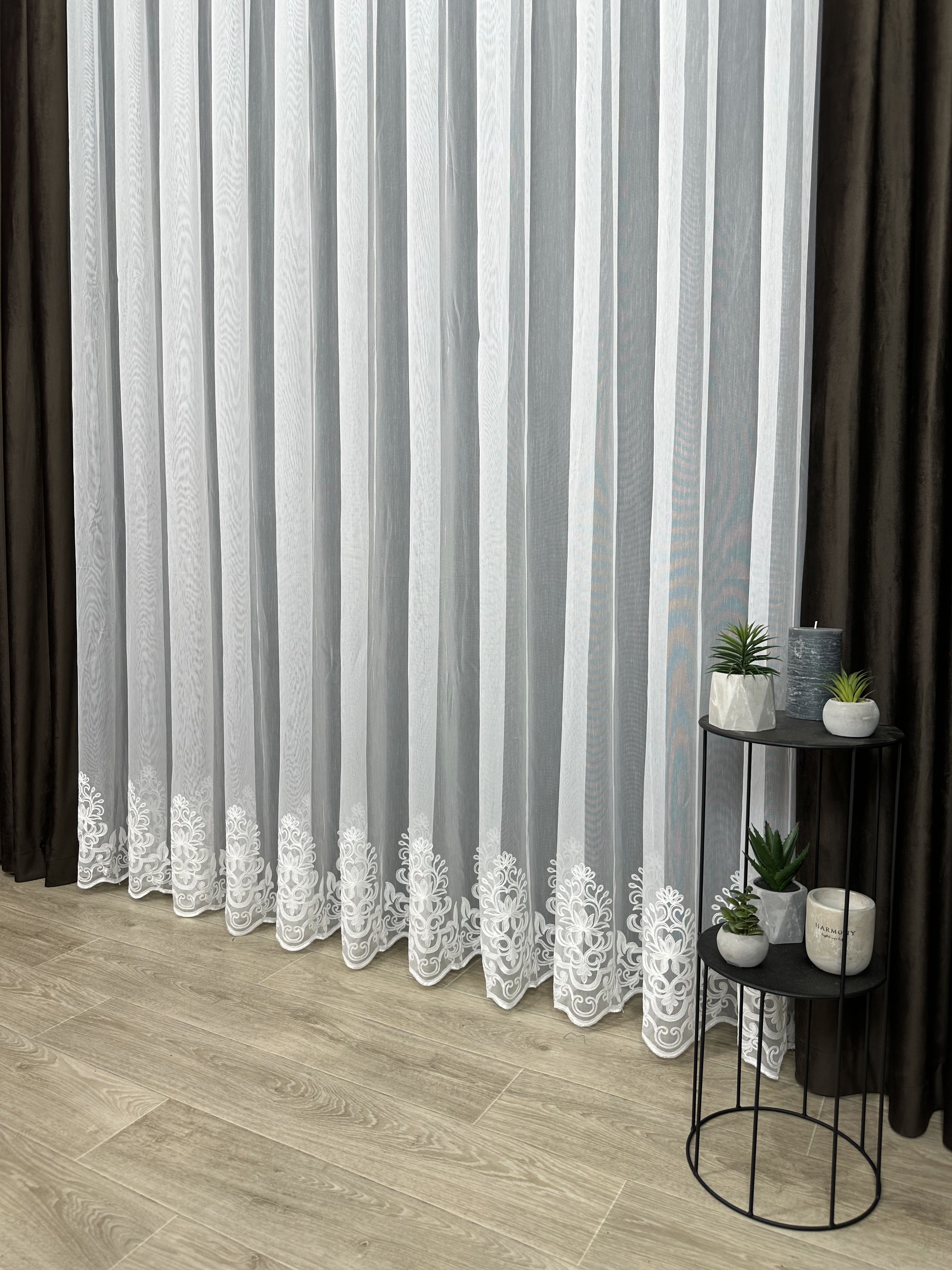 Sheer curtain with chenille embroidery on the bottom , milk color