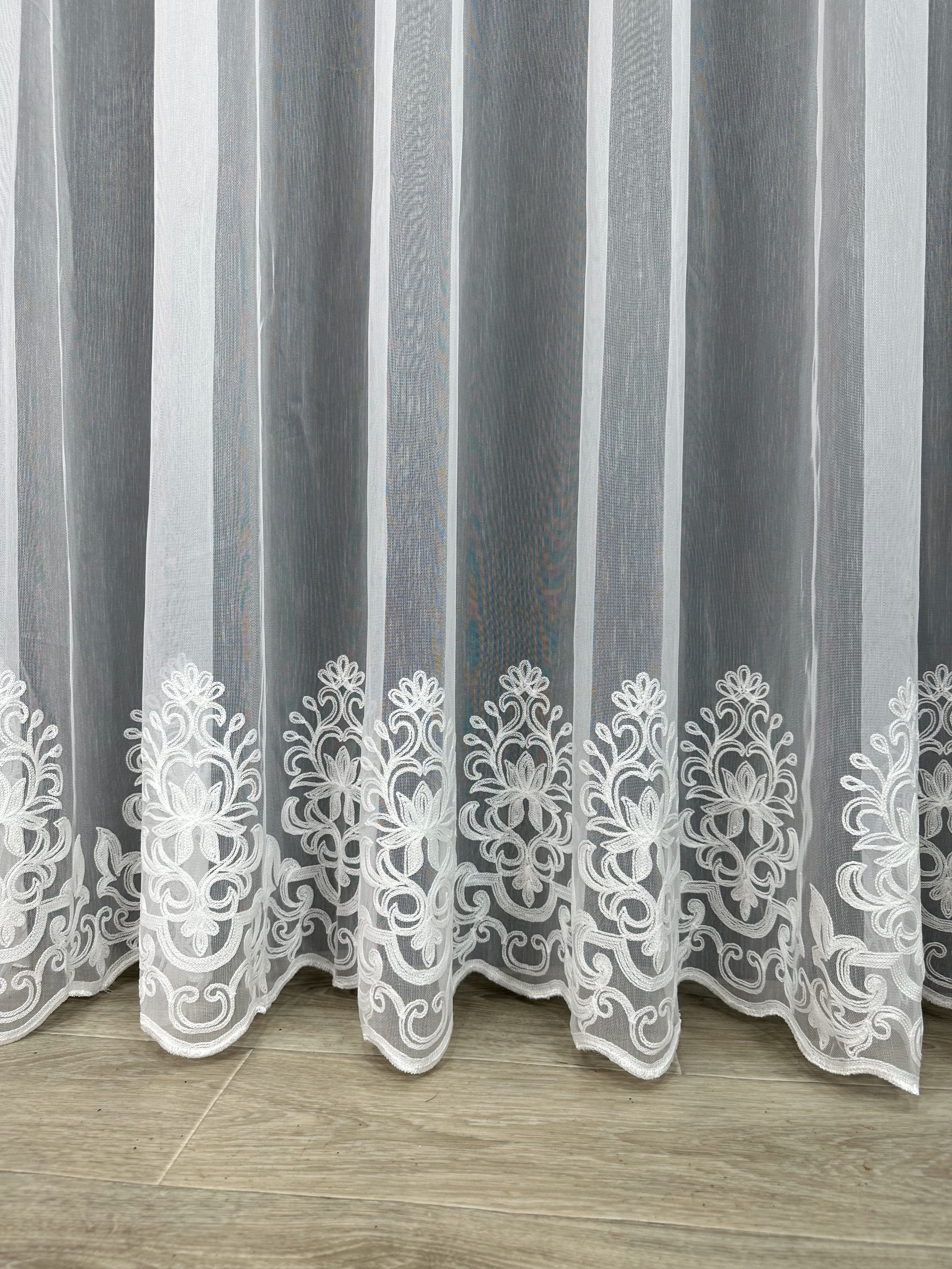 Sheer curtain with chenille embroidery on the bottom , milk color