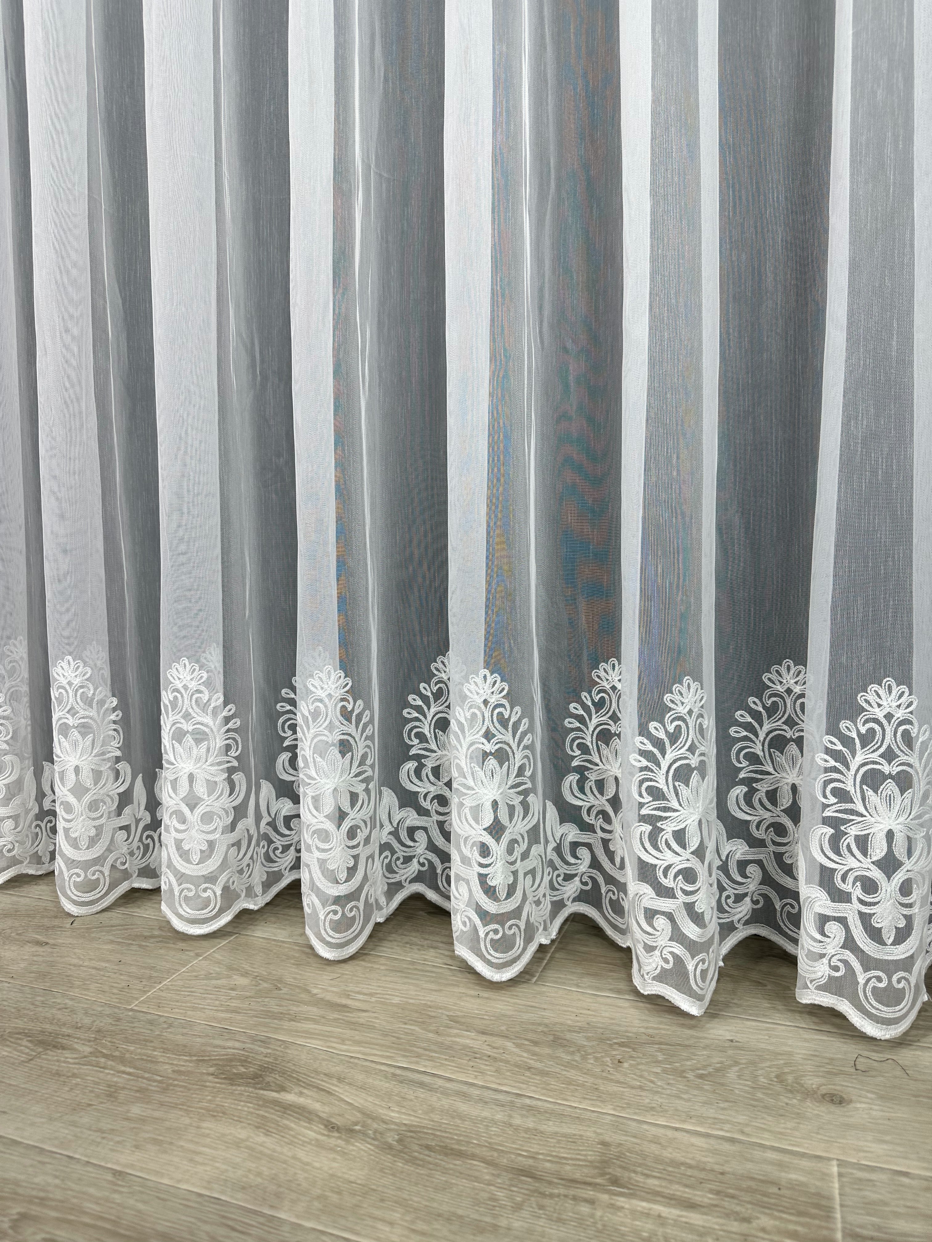 Sheer curtain with chenille embroidery on the bottom , milk color