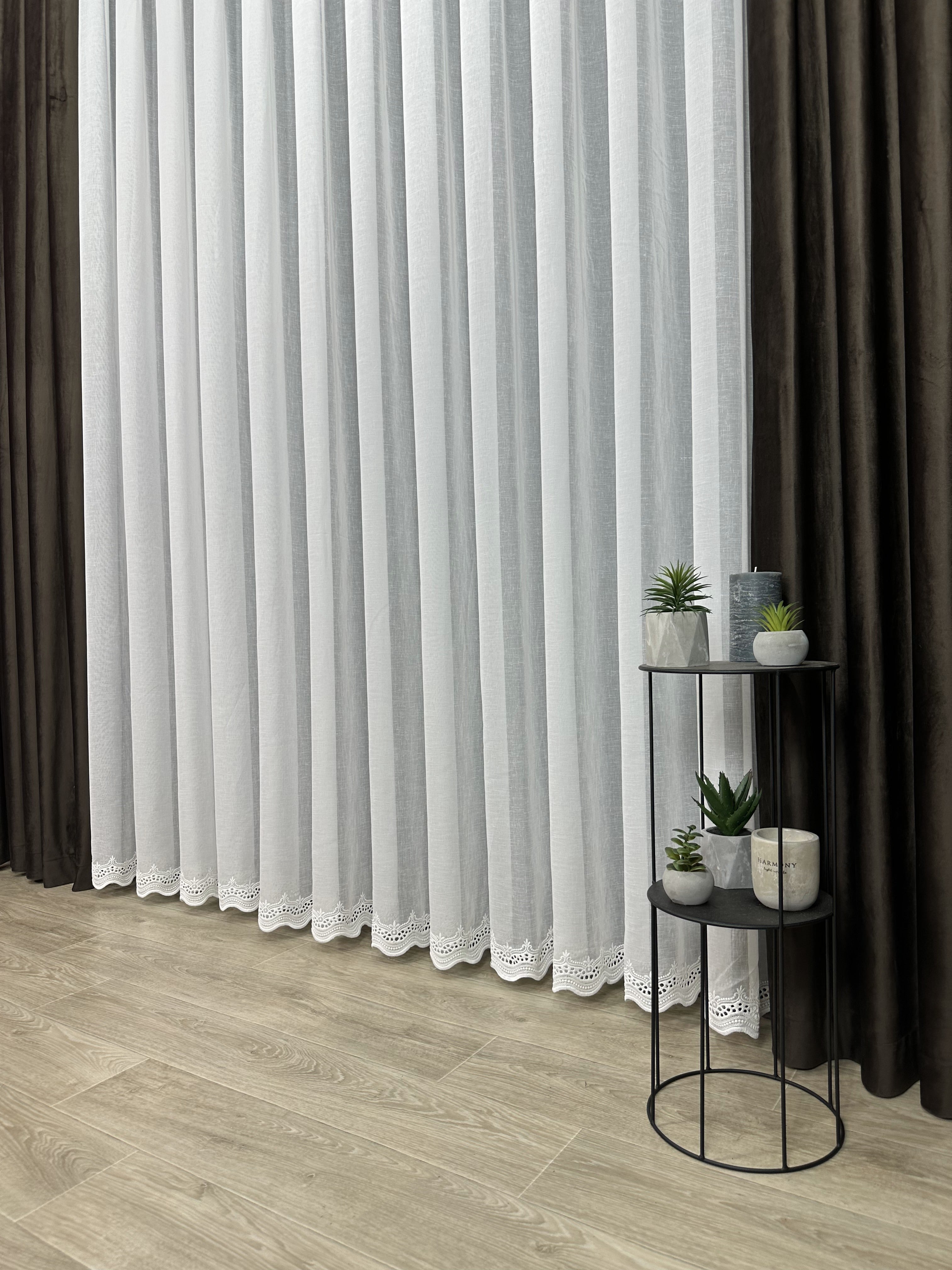 Linen sheer curtain with embroidery on the bottom, milk color