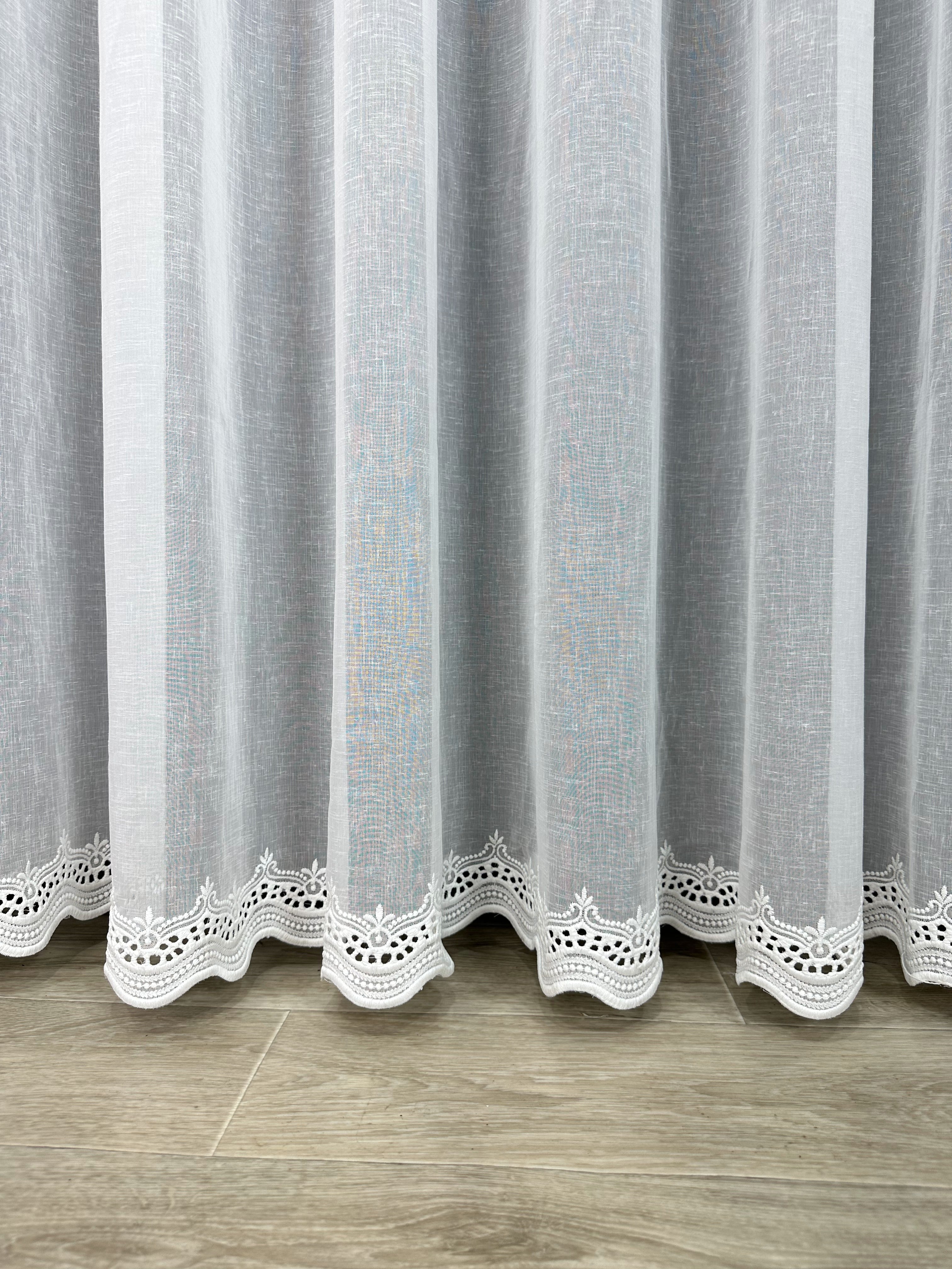 Linen sheer curtain with embroidery on the bottom, milk color
