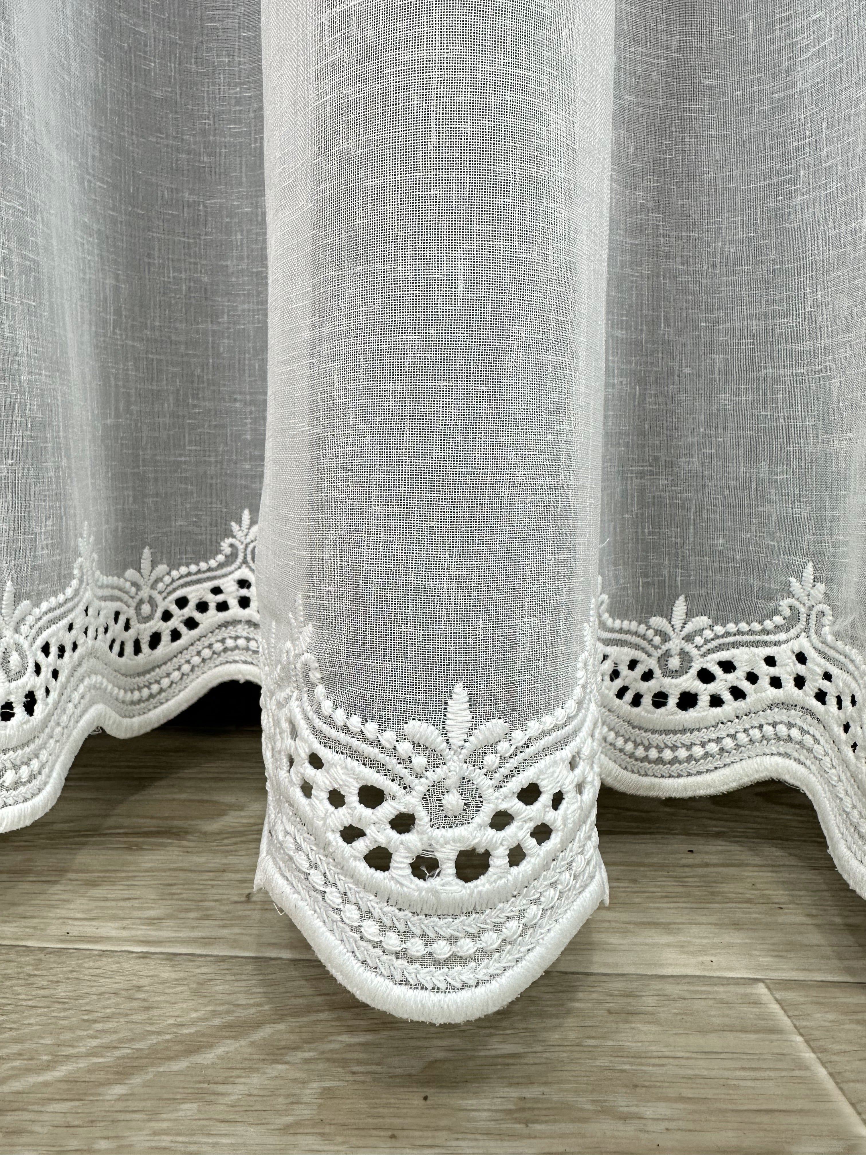 Linen sheer curtain with embroidery on the bottom, milk color