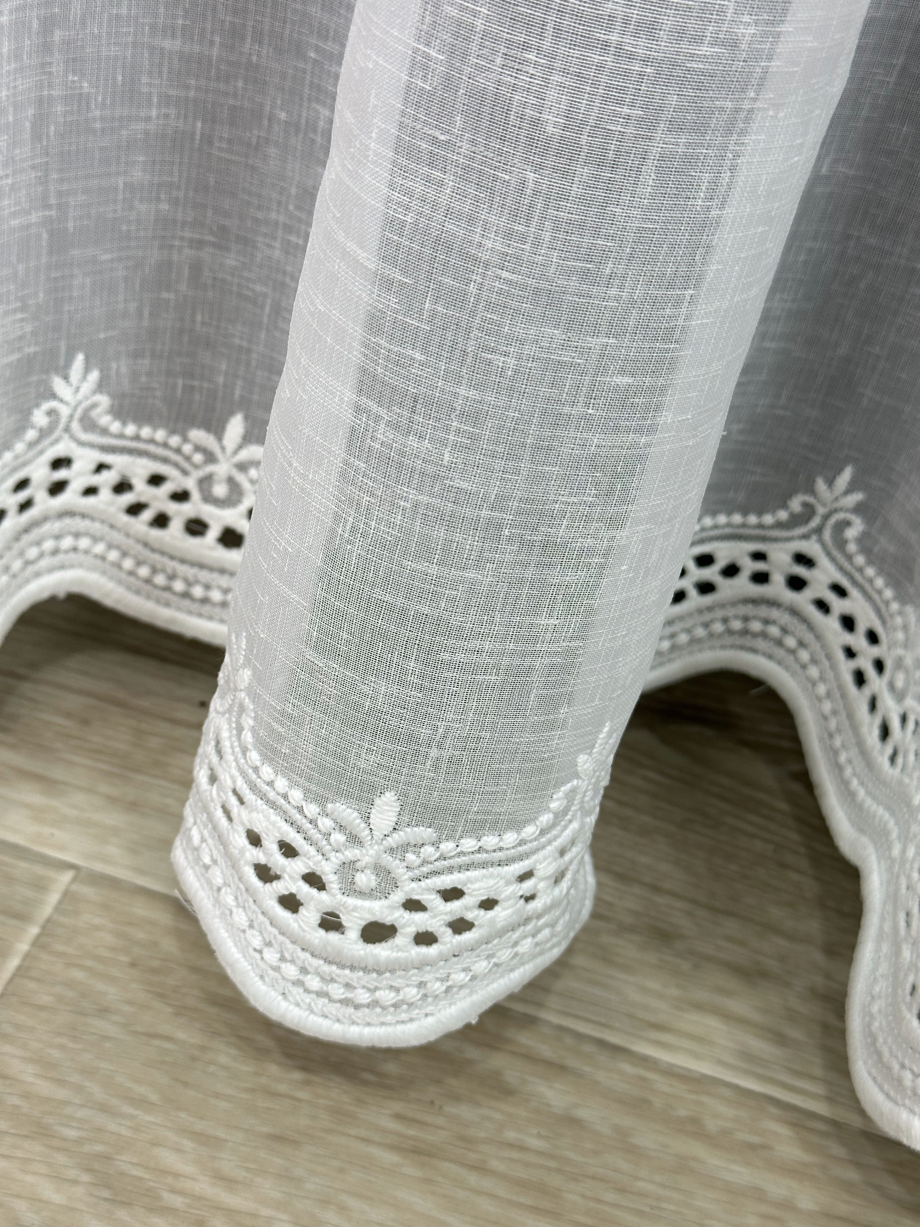 Linen sheer curtain with embroidery on the bottom, milk color