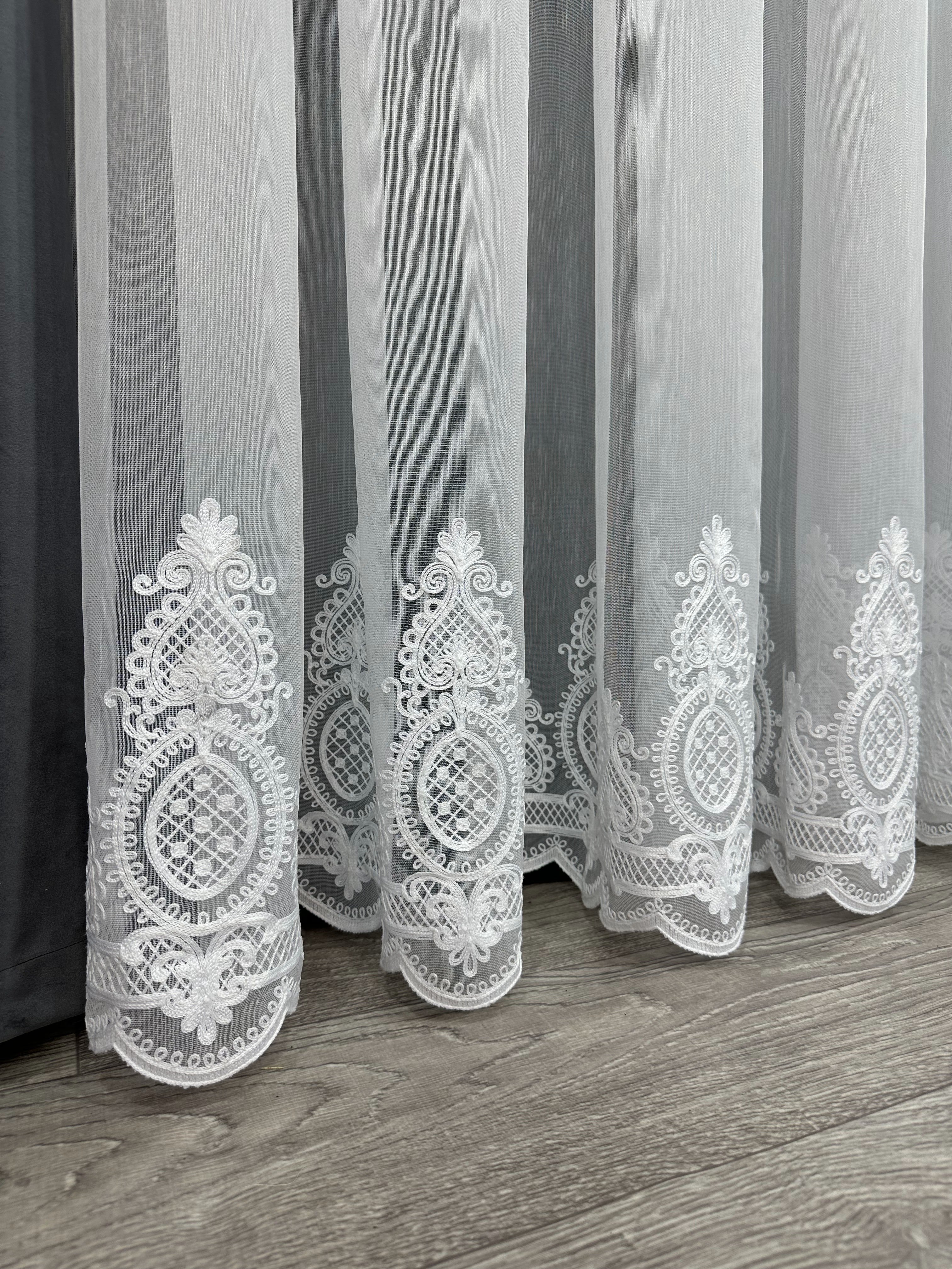 Sheer curtain with chenille embroidery on the bottom , white color