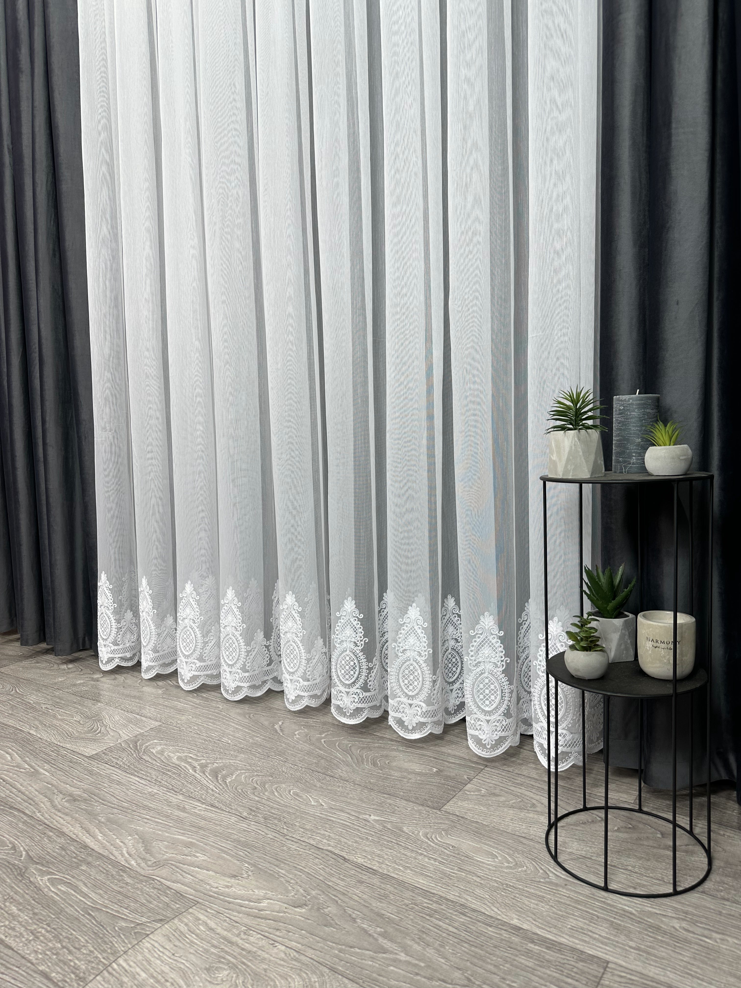 Sheer curtain with chenille embroidery on the bottom , white color
