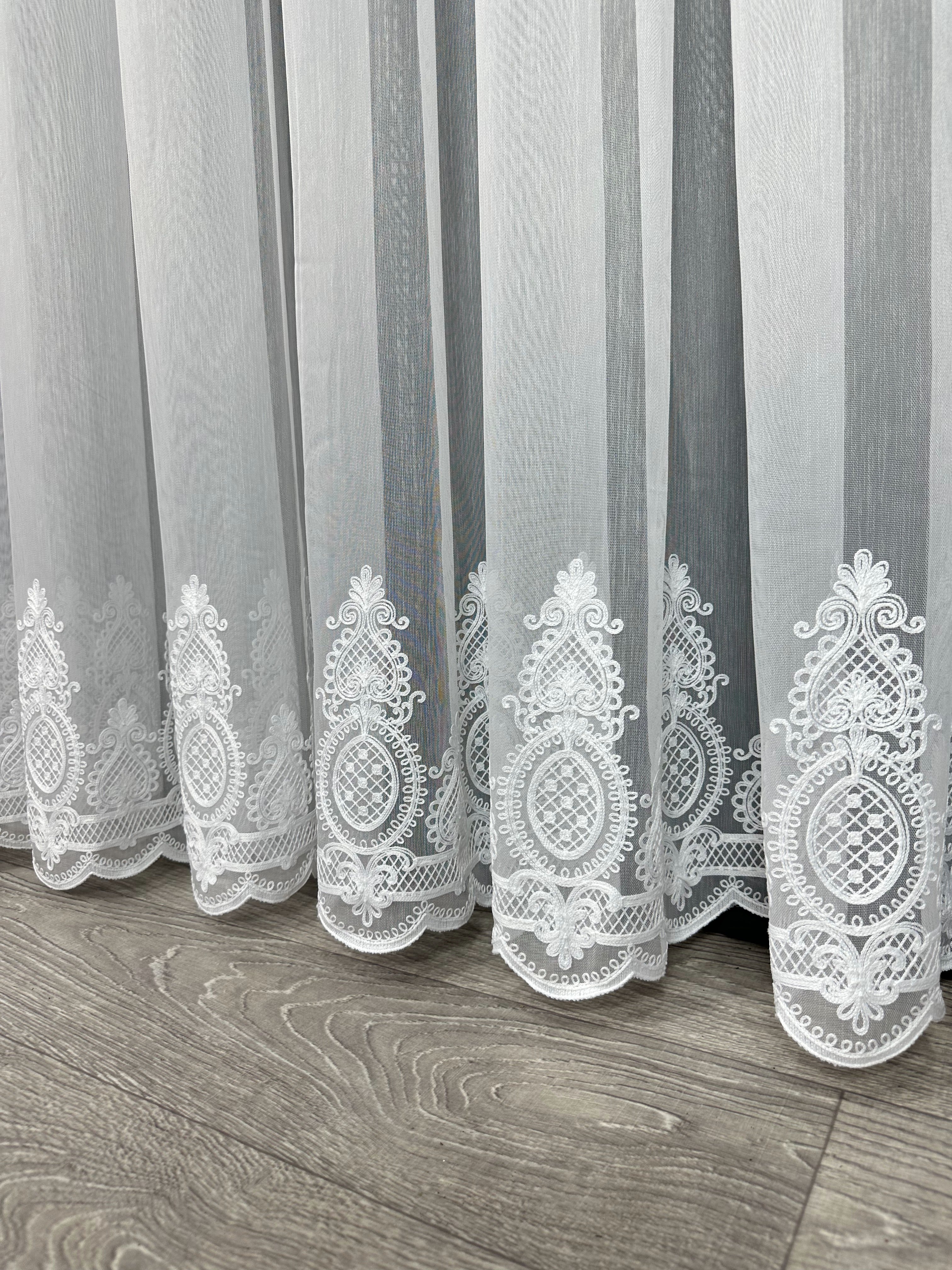 Sheer curtain with chenille embroidery on the bottom , white color