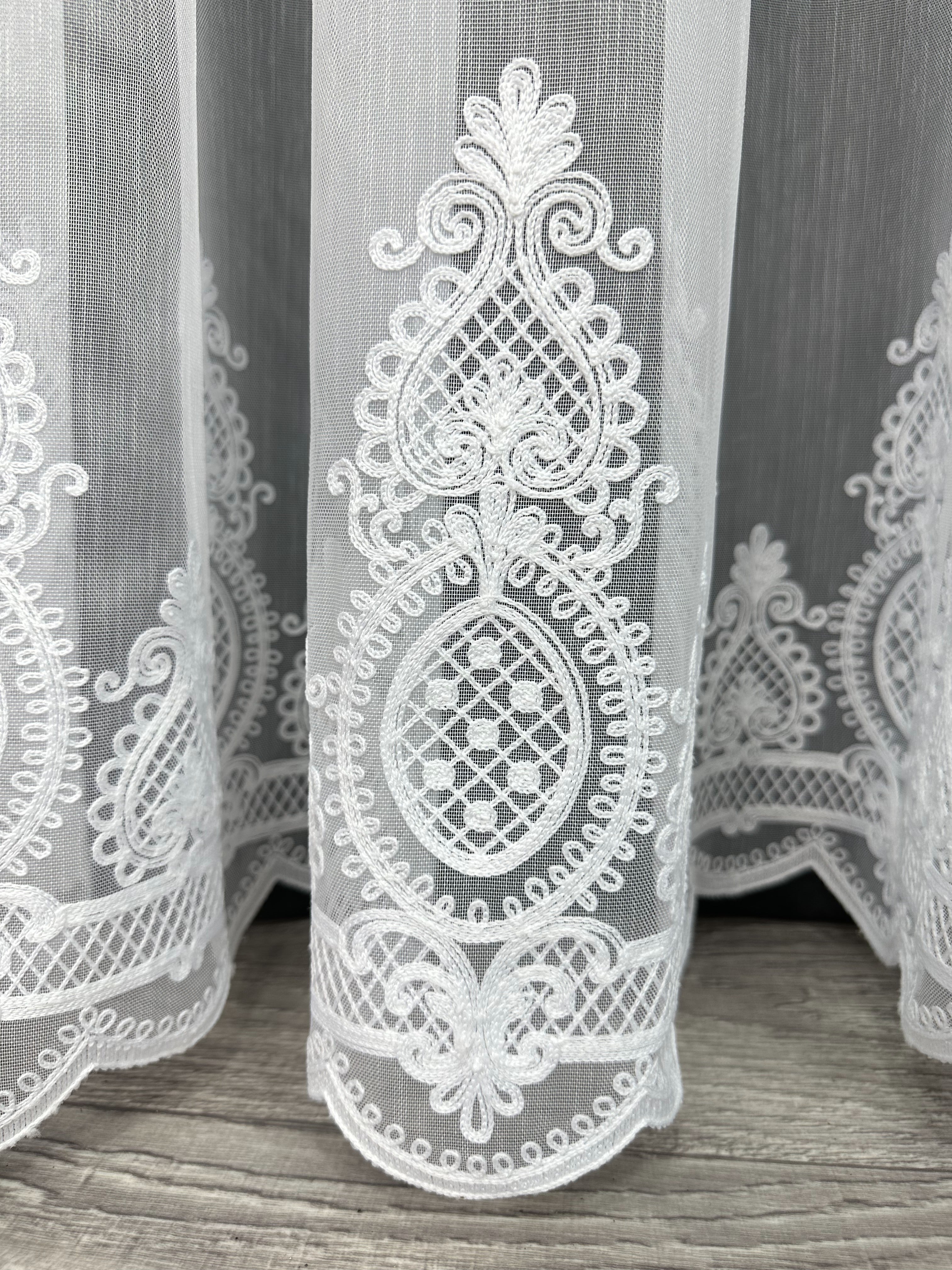 Sheer curtain with chenille embroidery on the bottom , white color