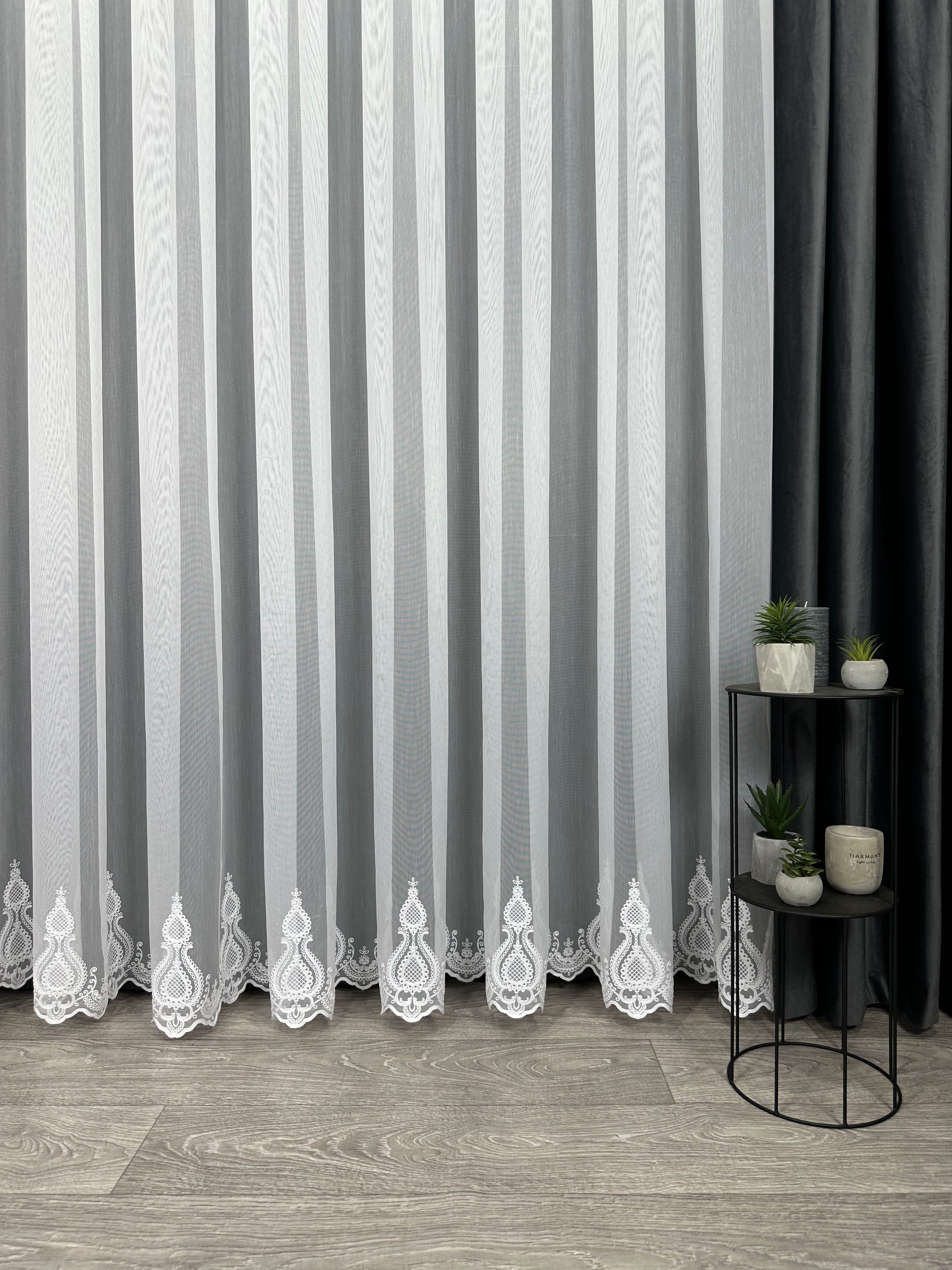 Sheer curtain with chenille embroidery on the bottom , white color