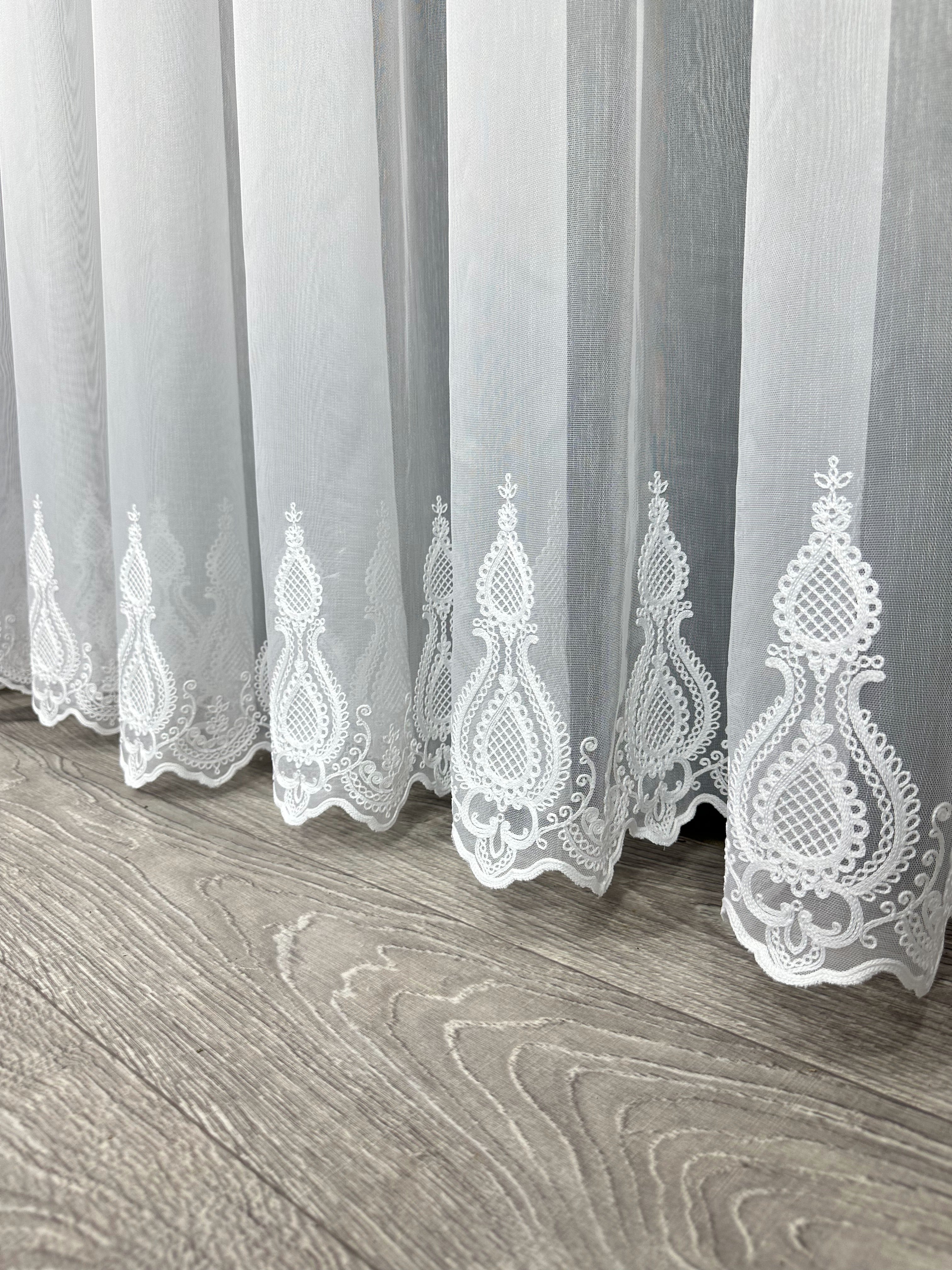Sheer curtain with chenille embroidery on the bottom , white color