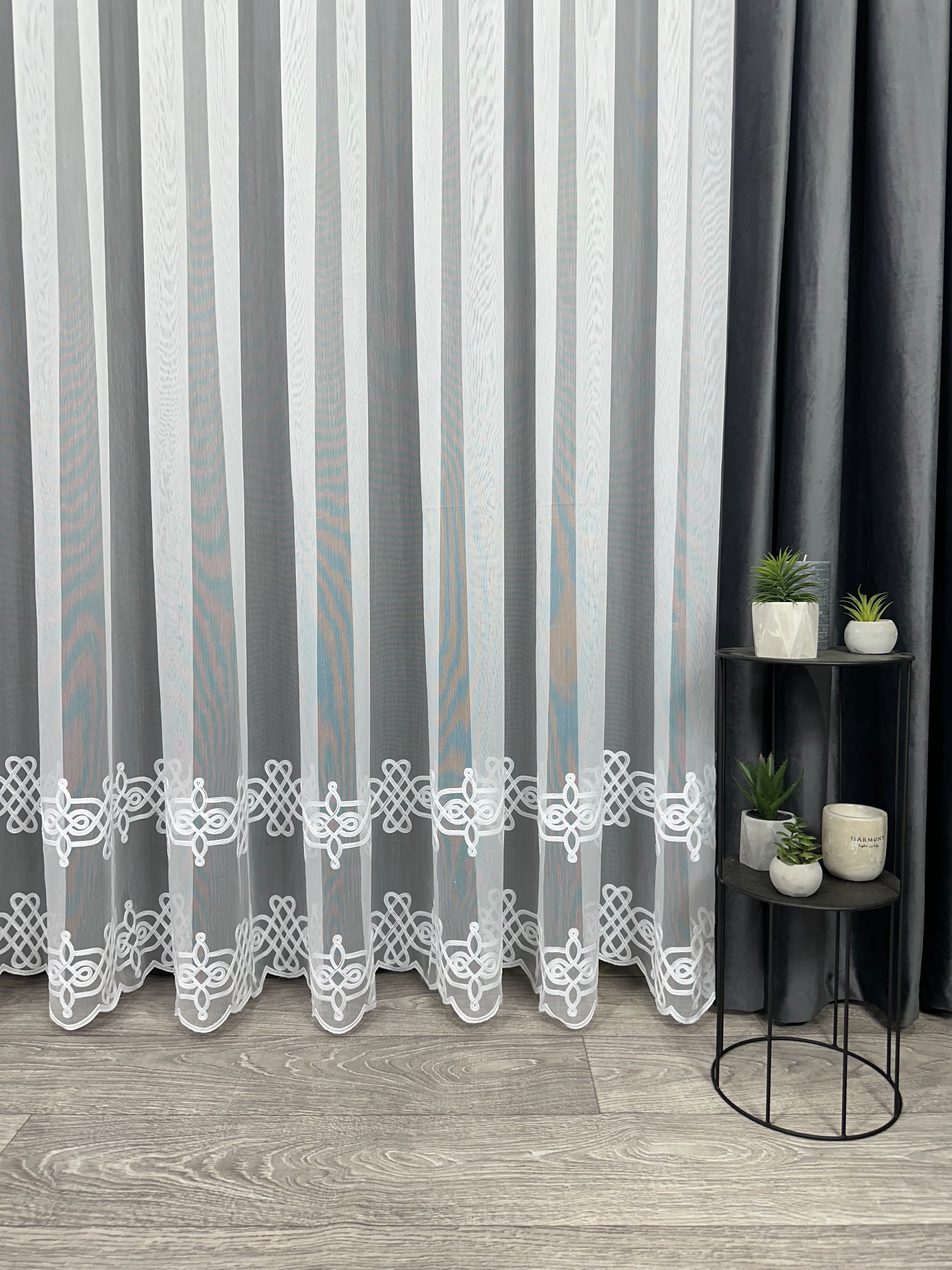 Sheer curtain with chenille embroidery on the bottom , white color