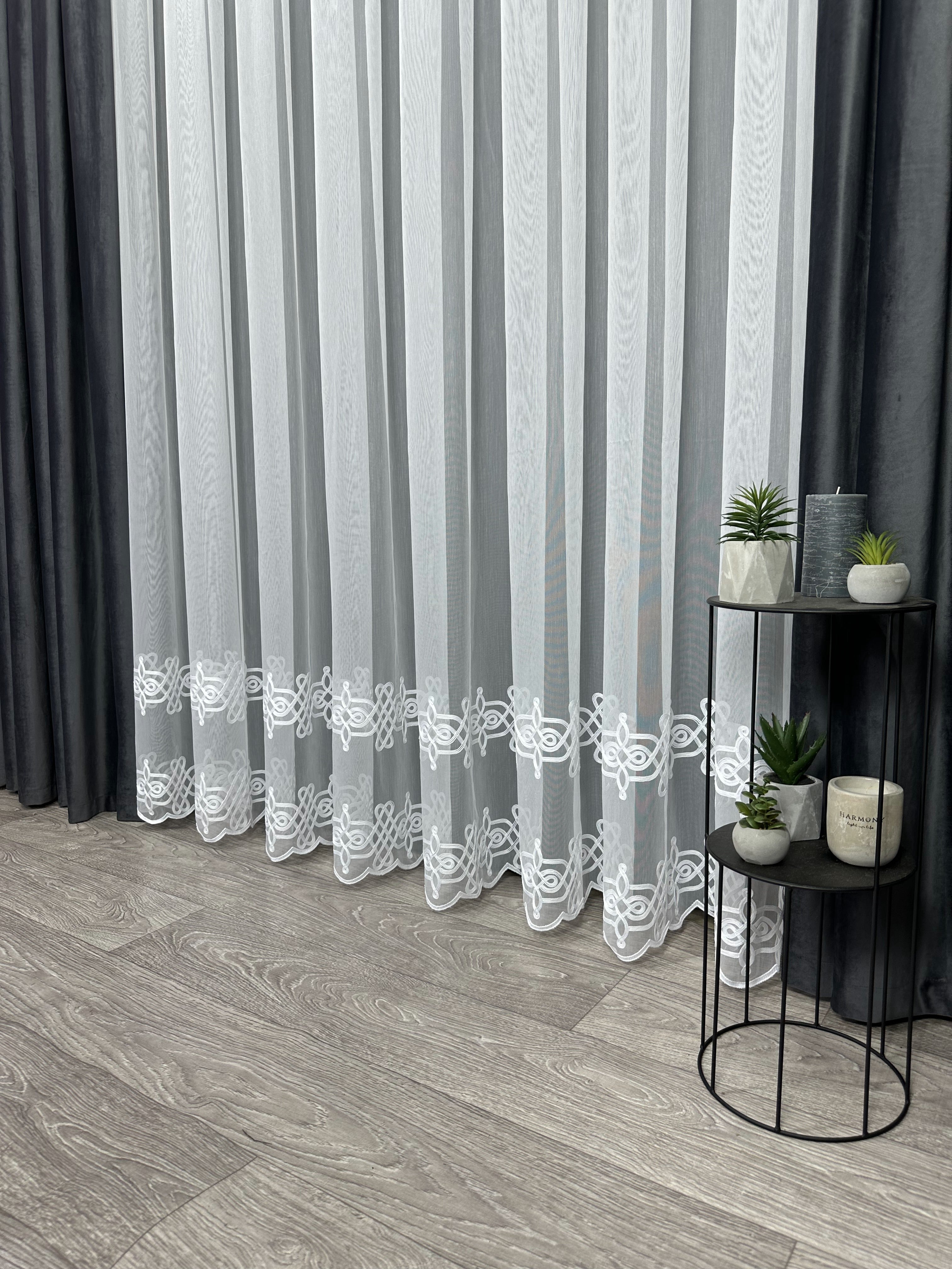 Sheer curtain with chenille embroidery on the bottom , white color