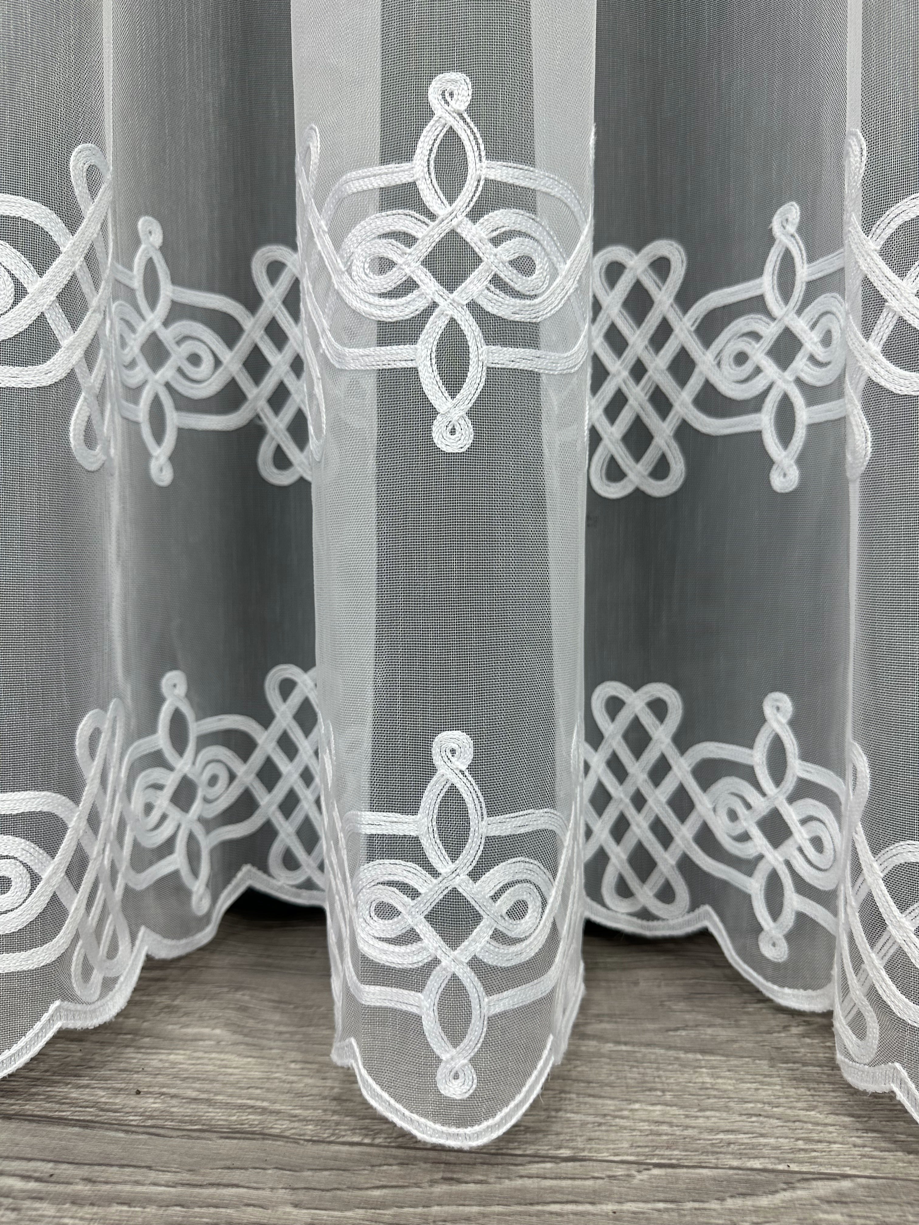 Sheer curtain with chenille embroidery on the bottom , white color