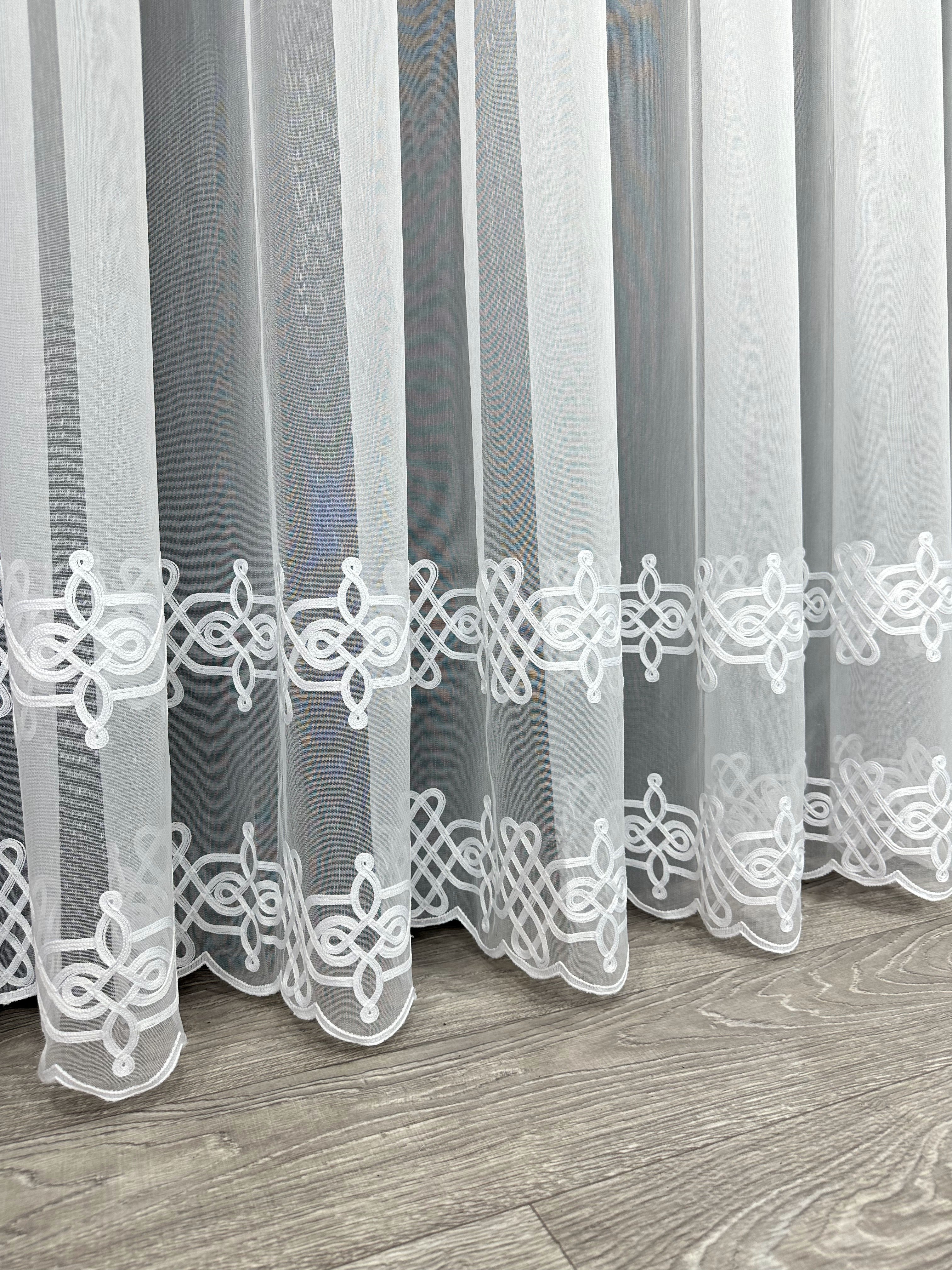 Sheer curtain with chenille embroidery on the bottom , white color