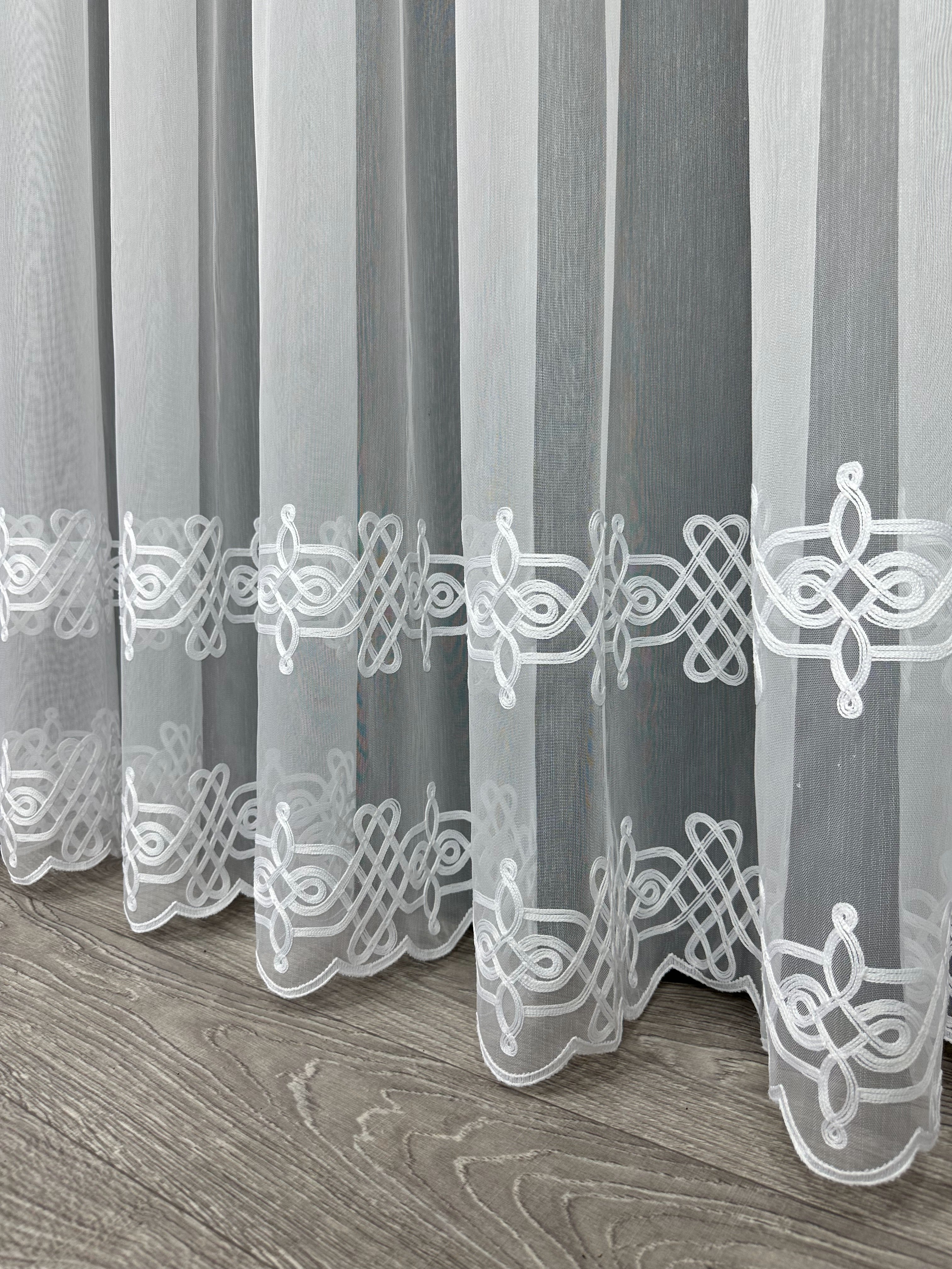 Sheer curtain with chenille embroidery on the bottom , white color