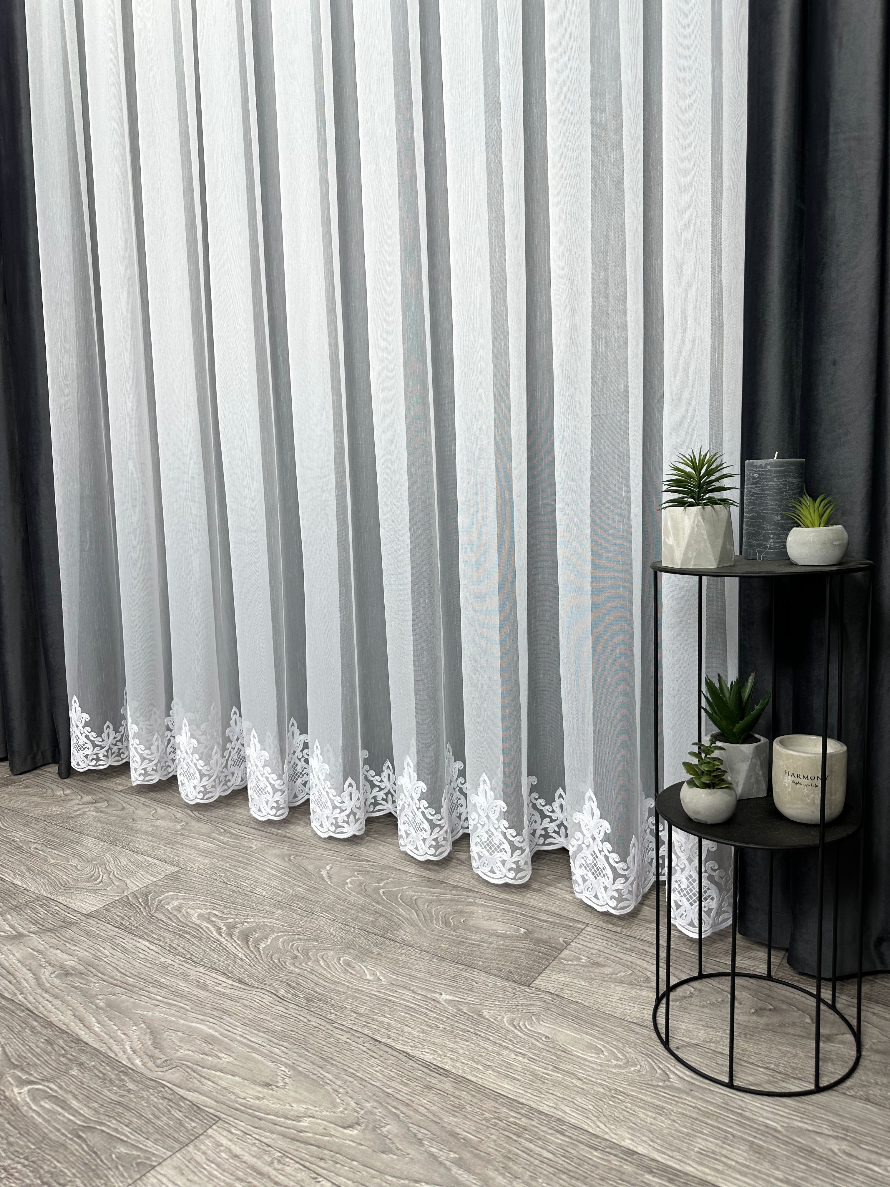 Sheer curtain with chenille embroidery on the bottom , white color