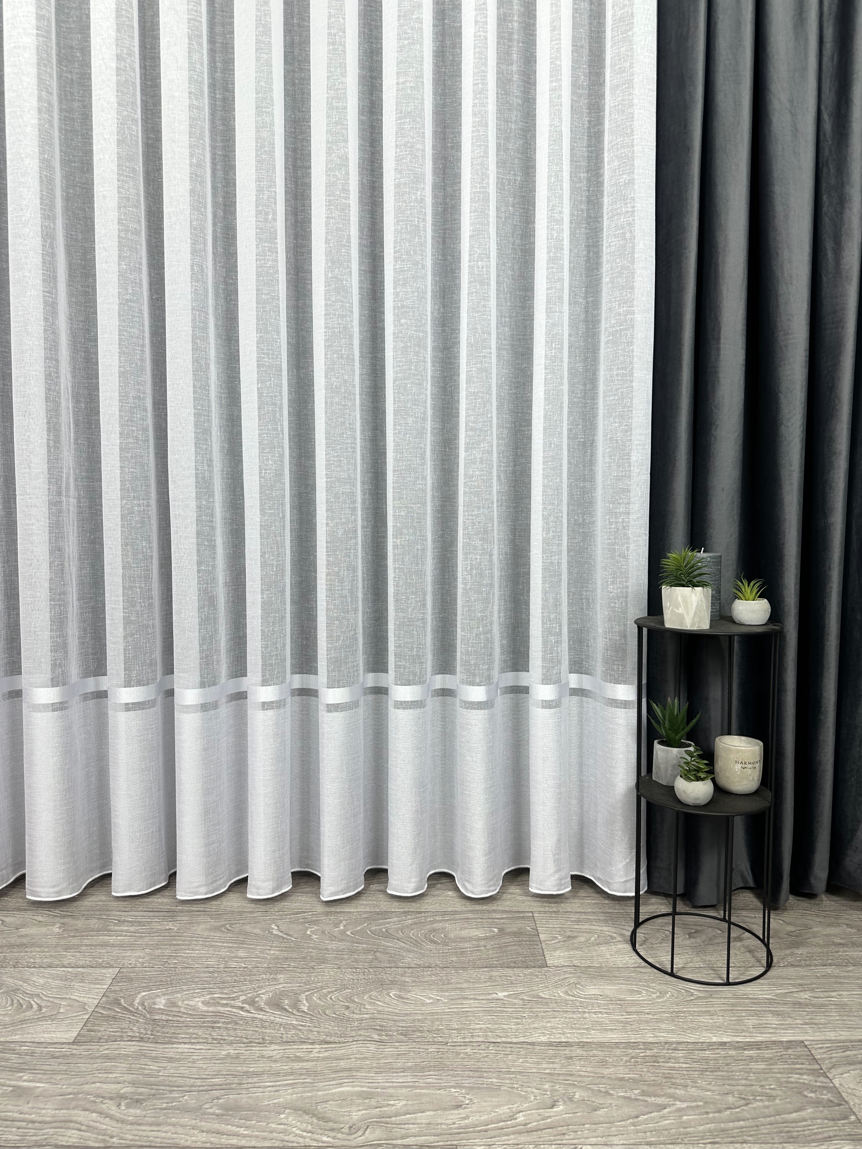 Linen sheer curtain with stripes, white color