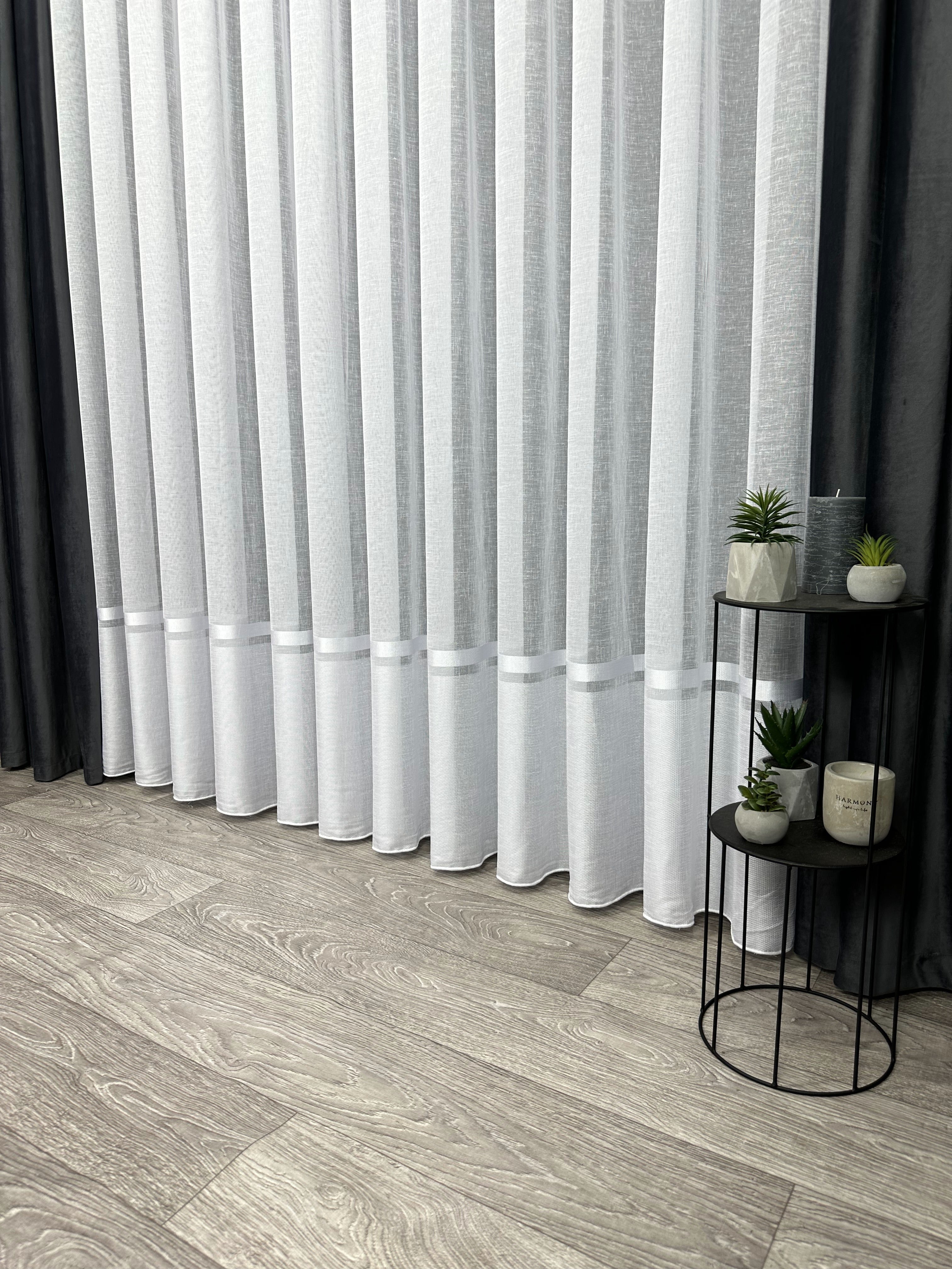 Linen sheer curtain with stripes, white color