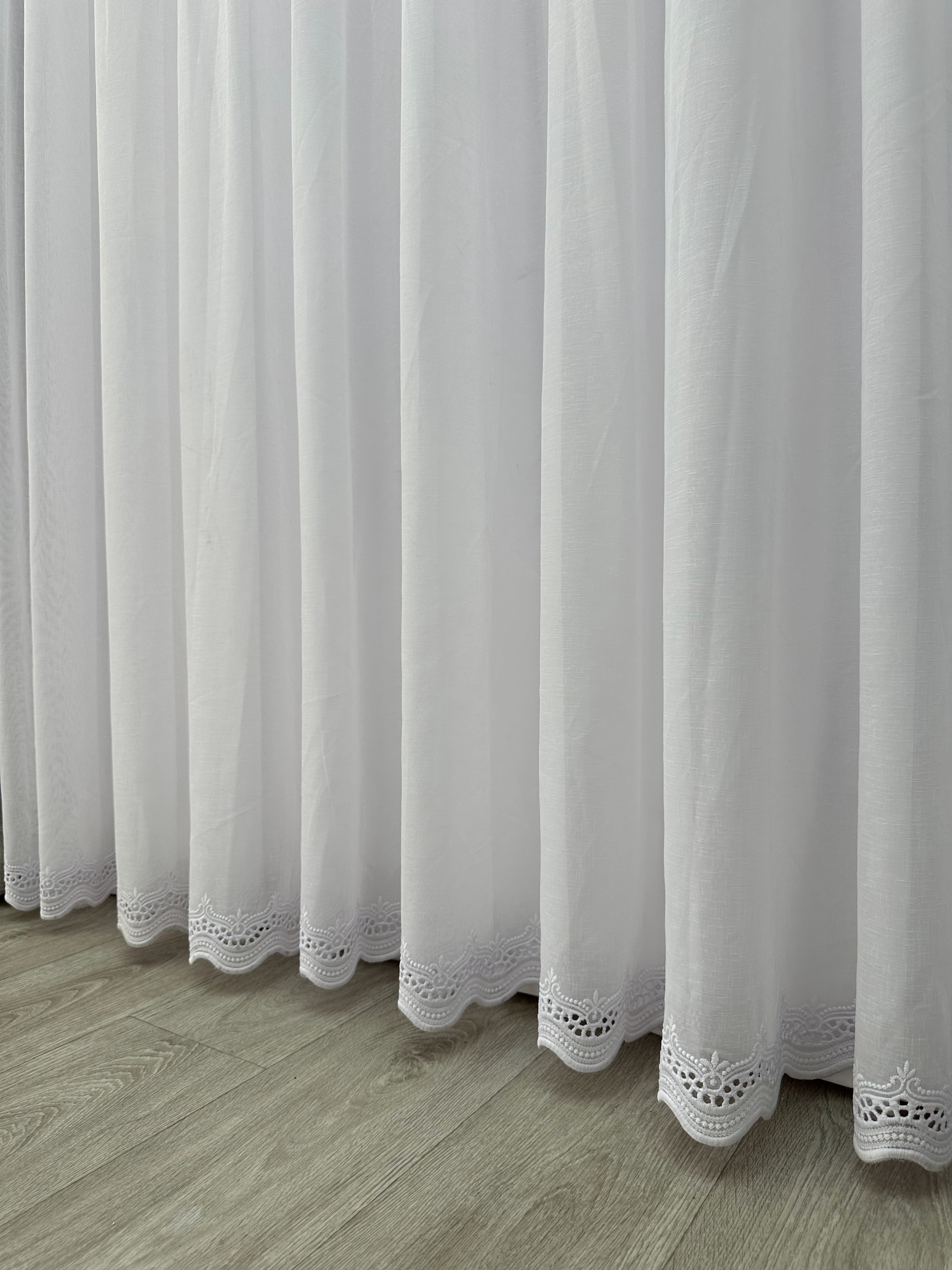 Linen sheer curtain with embroidery on the bottom, white color