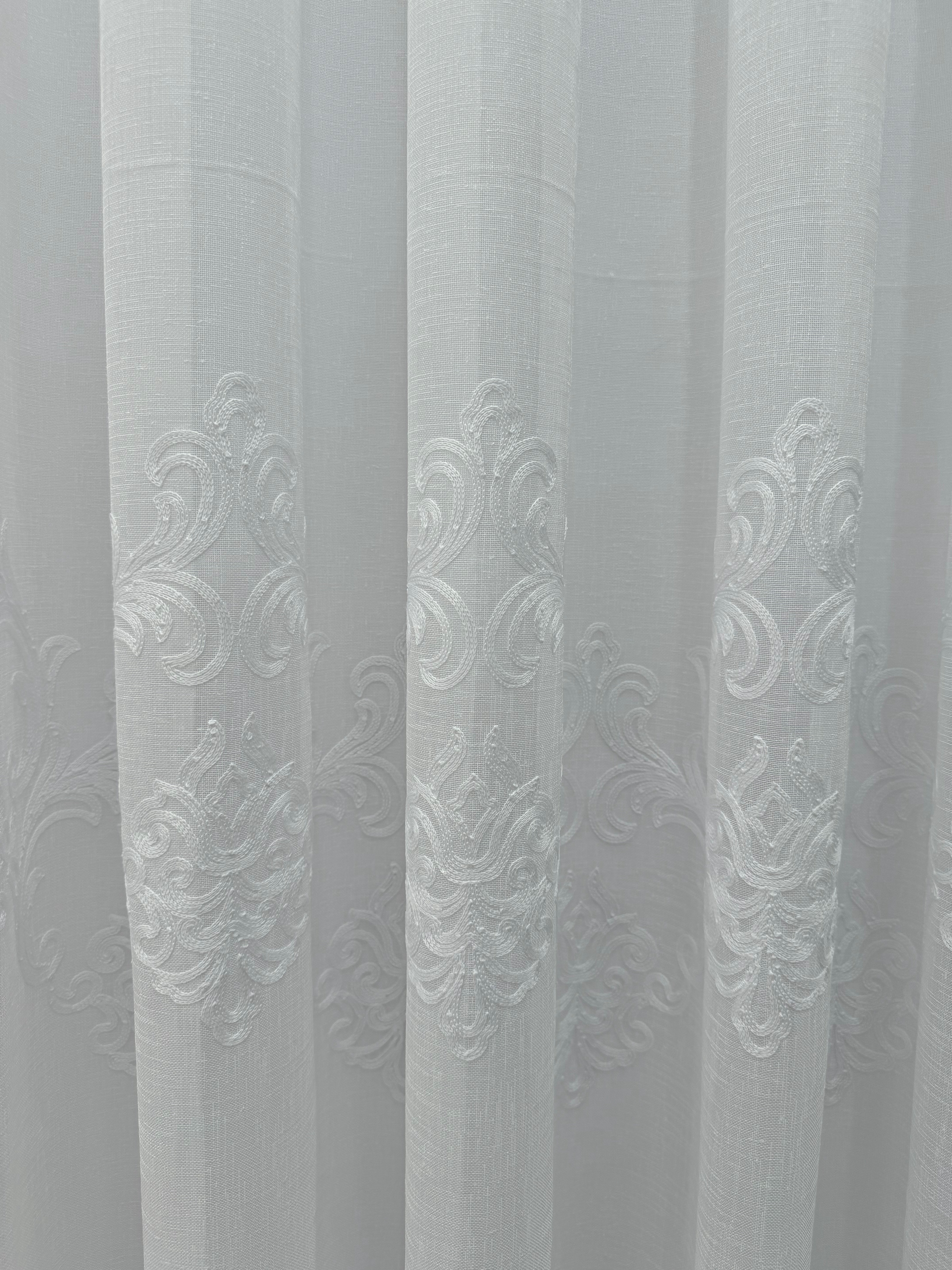 Linen sheer curtain with beautiful embroidery, white color