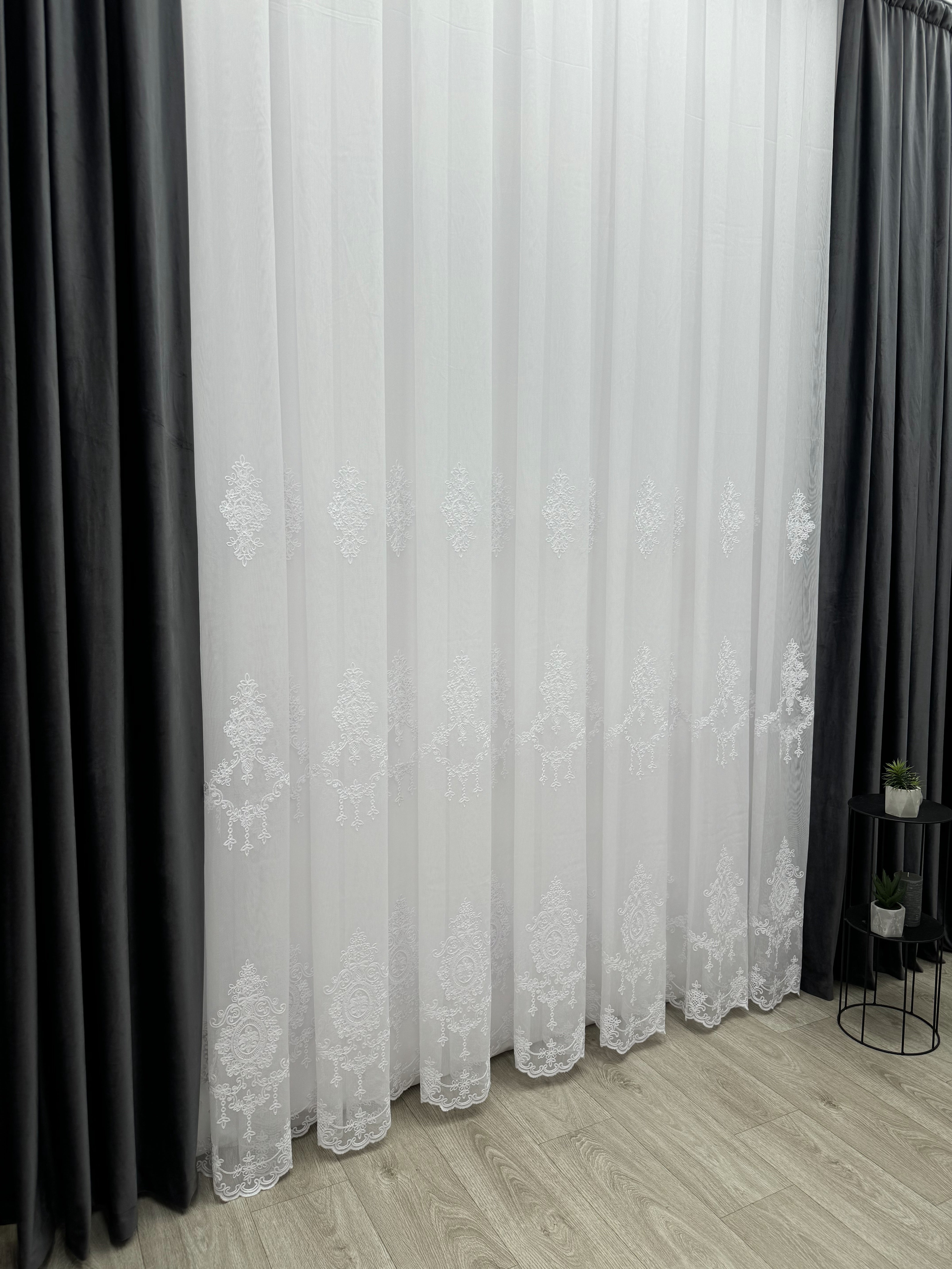 Sheer curtain with beautiful embroidery, white color