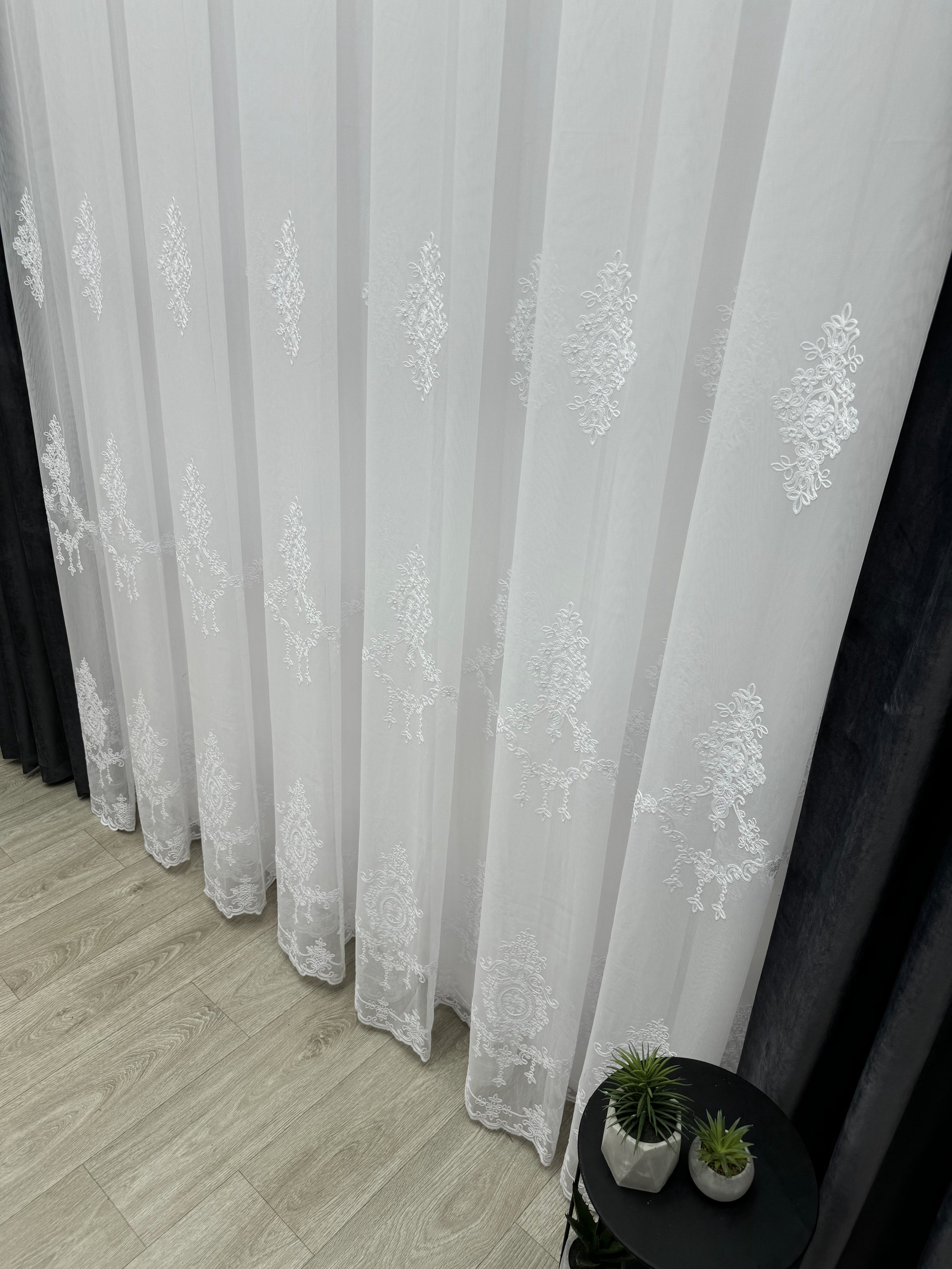 Sheer curtain with beautiful embroidery, white color