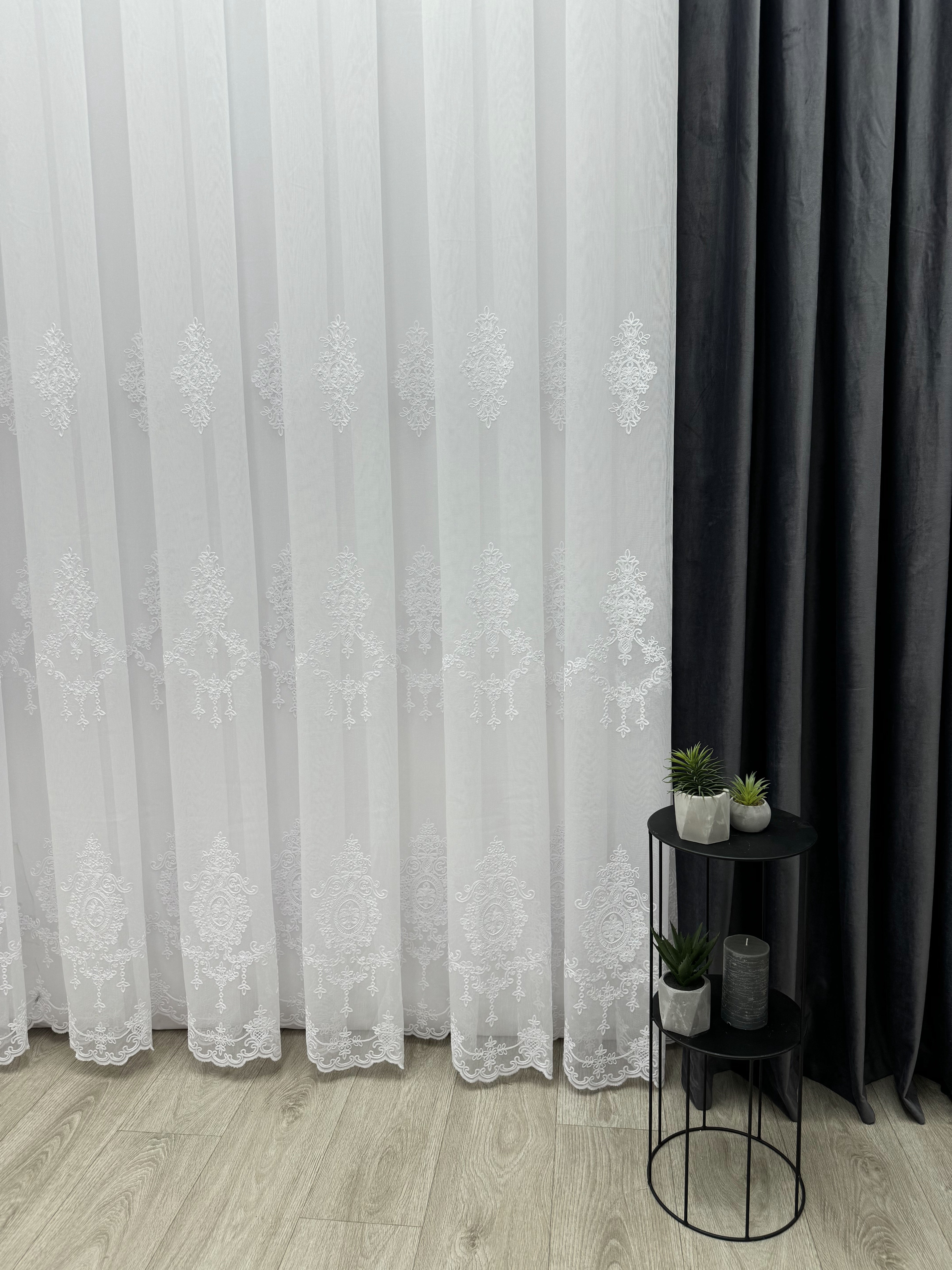 Sheer curtain with beautiful embroidery, white color