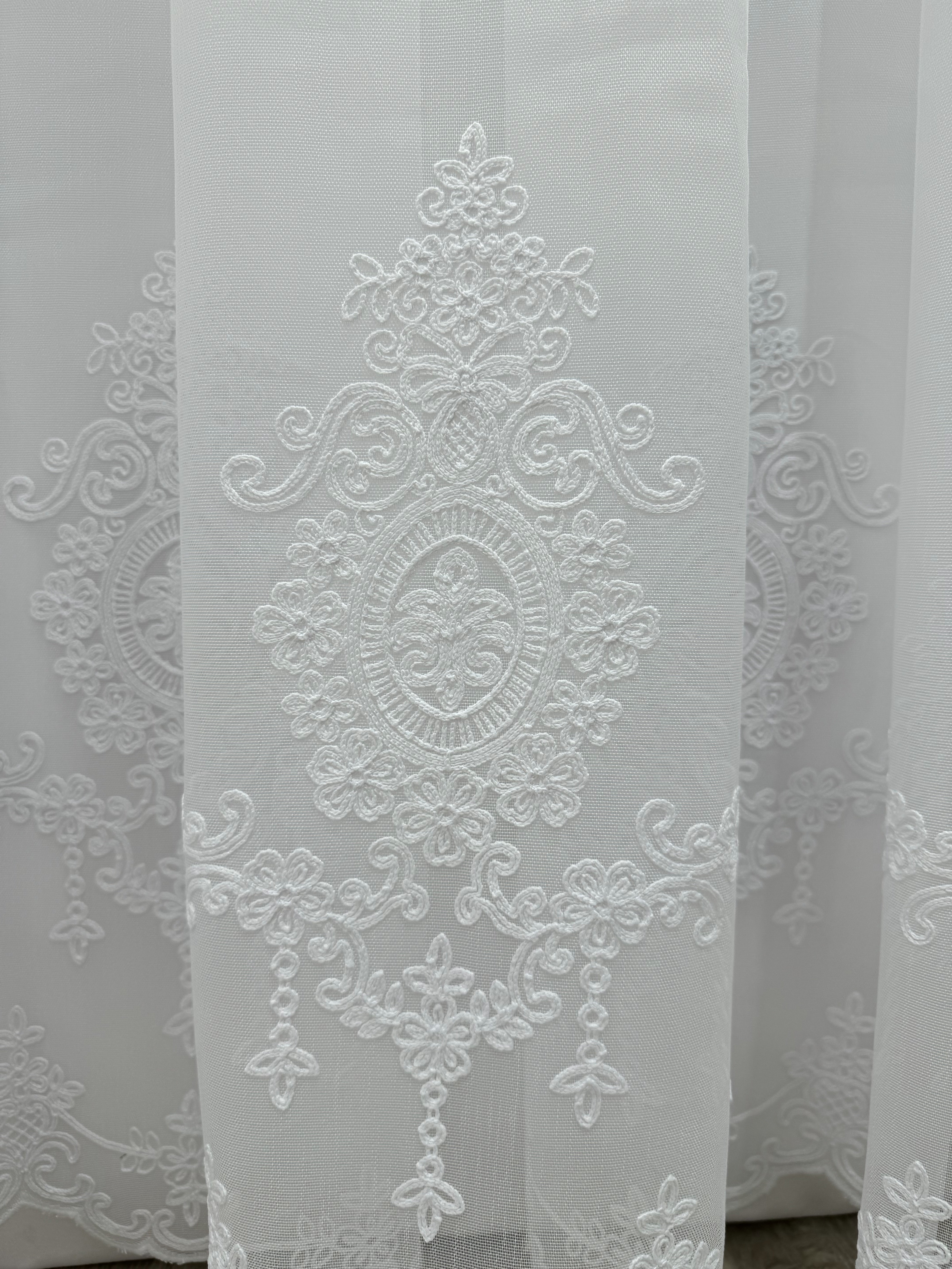 Sheer curtain with beautiful embroidery, white color