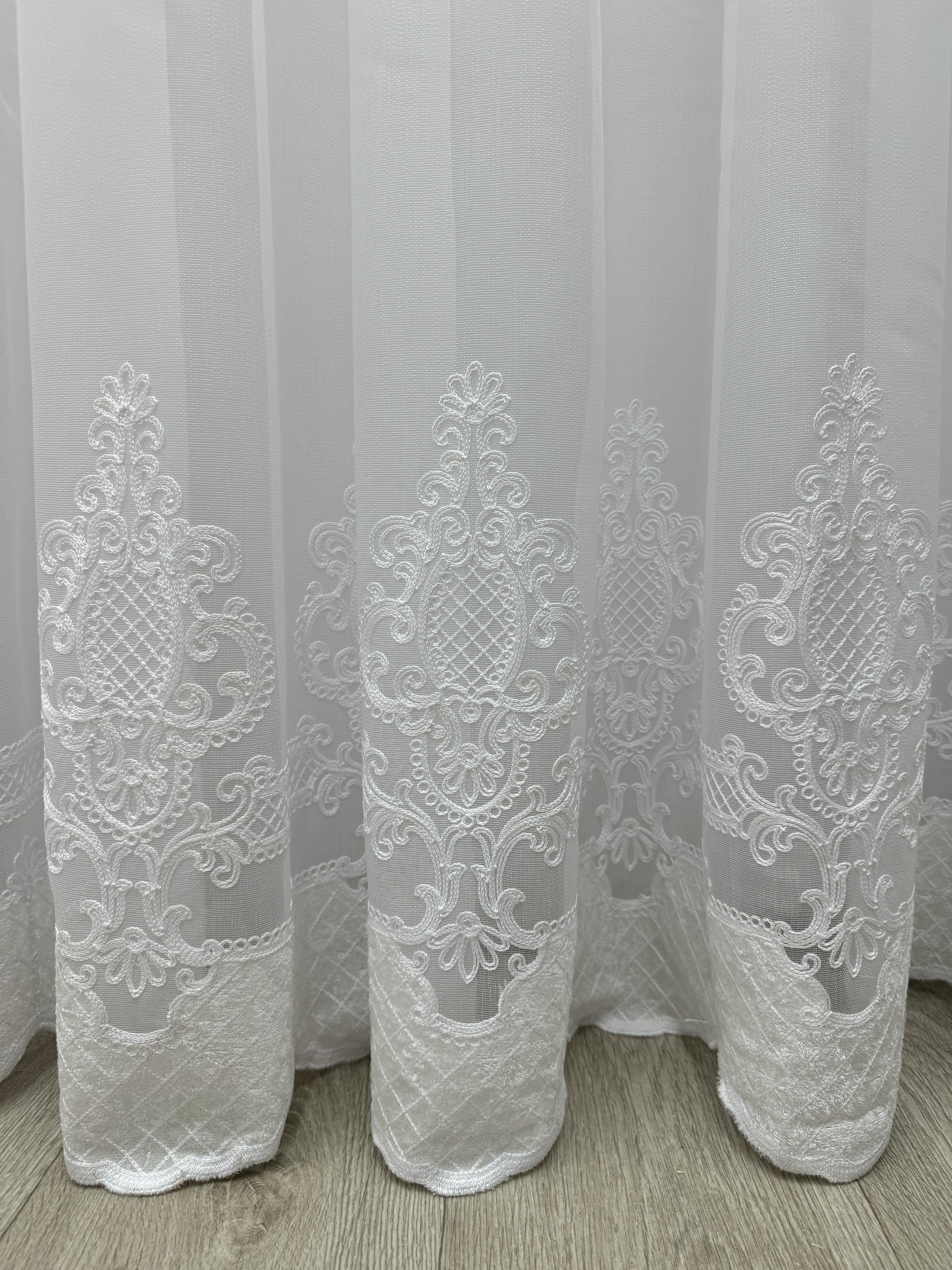 Sheer curtain with chenille embroidery and velvet inserts , white color