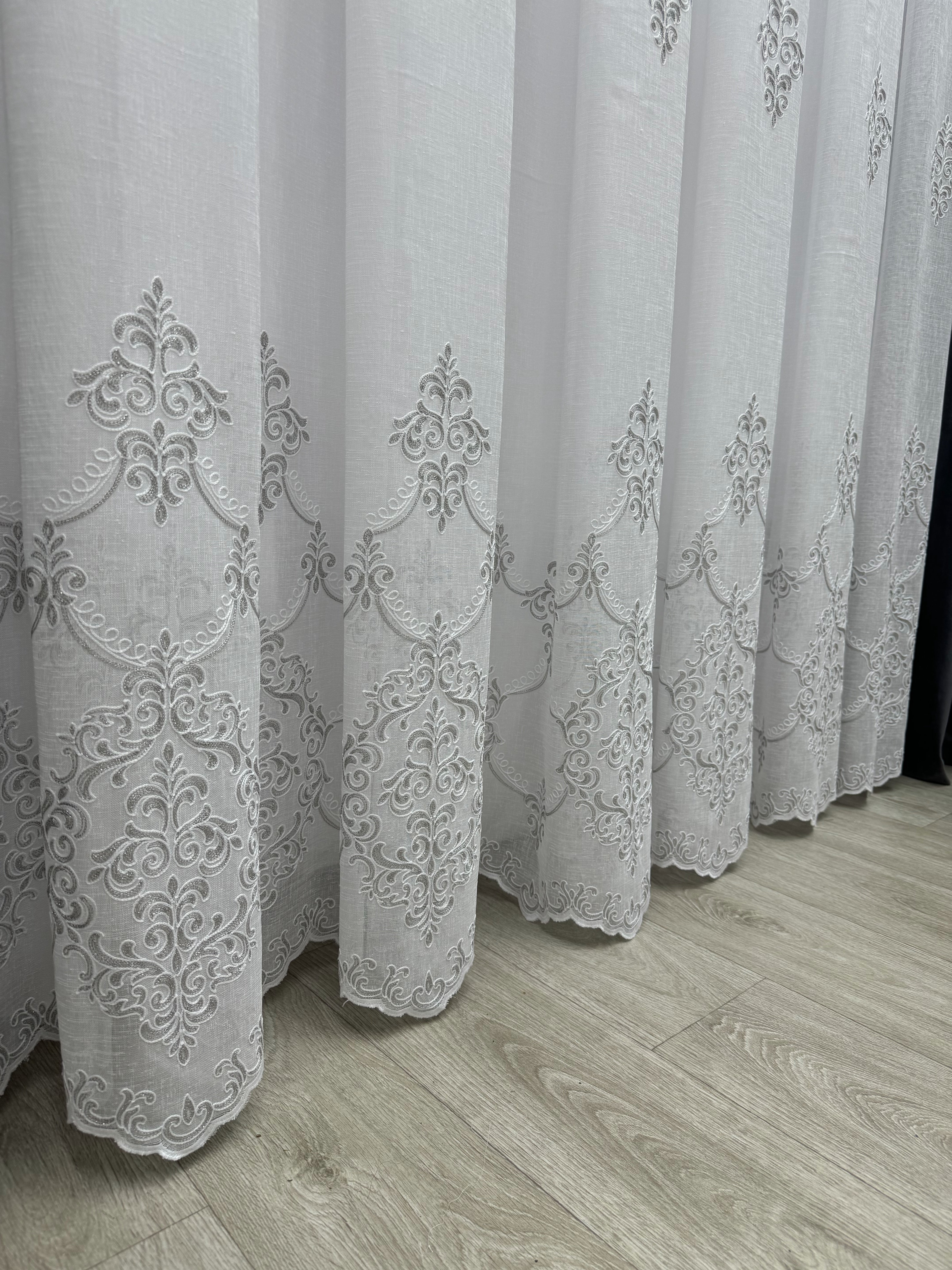 Linen sheer curtain with beautiful embroidery, gray color