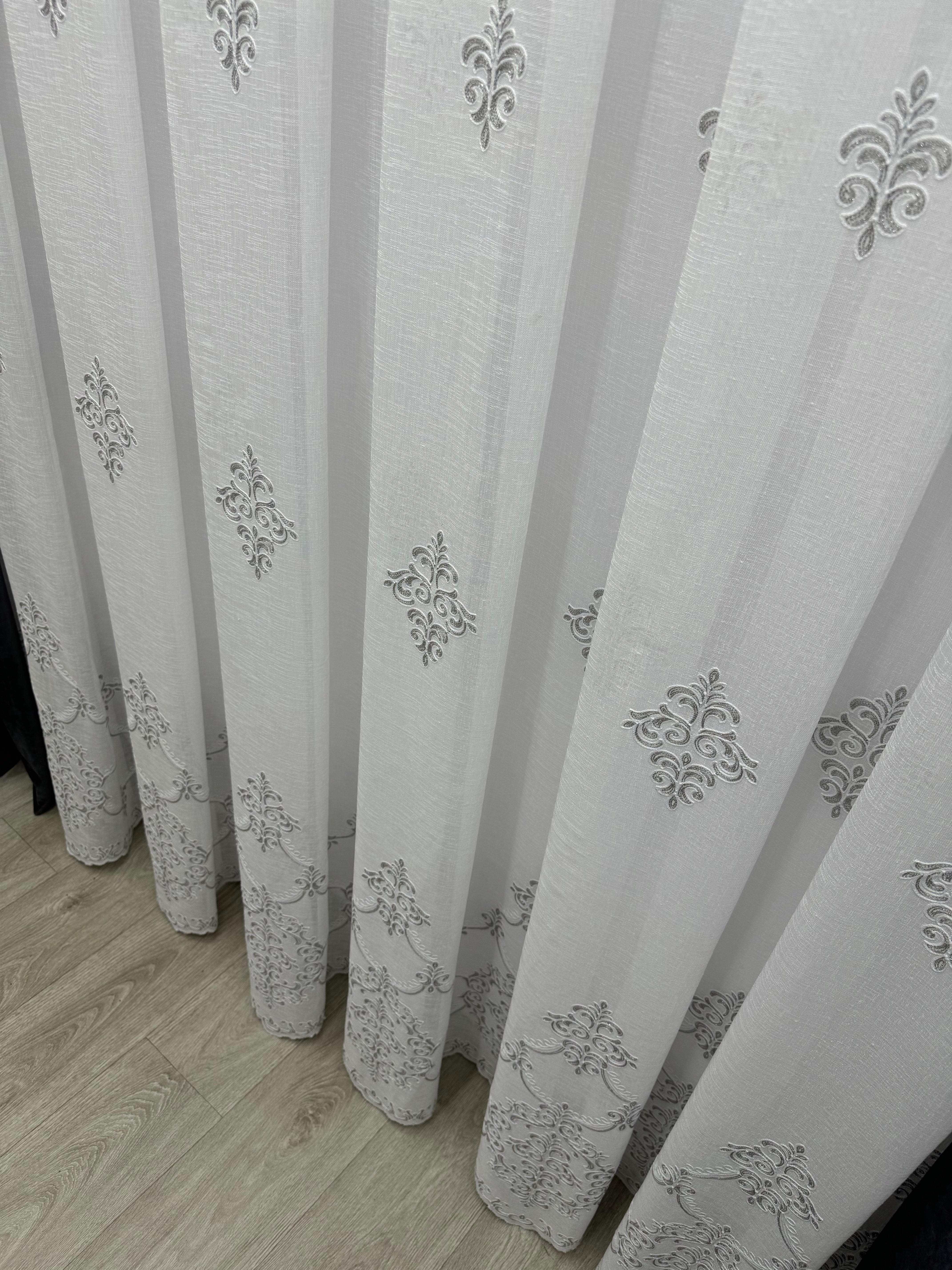 Linen sheer curtain with beautiful embroidery, gray color