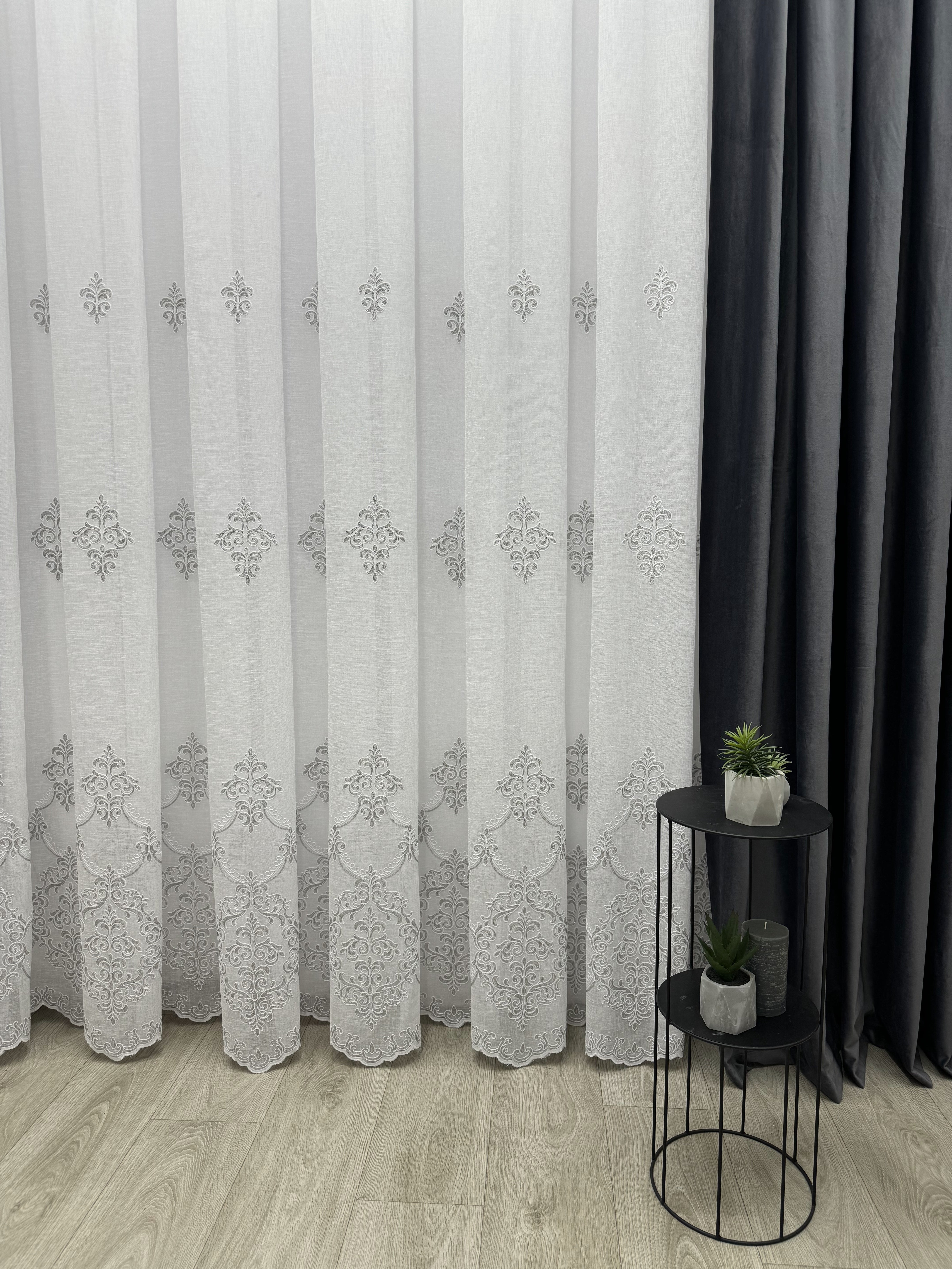 Linen sheer curtain with beautiful embroidery, gray color