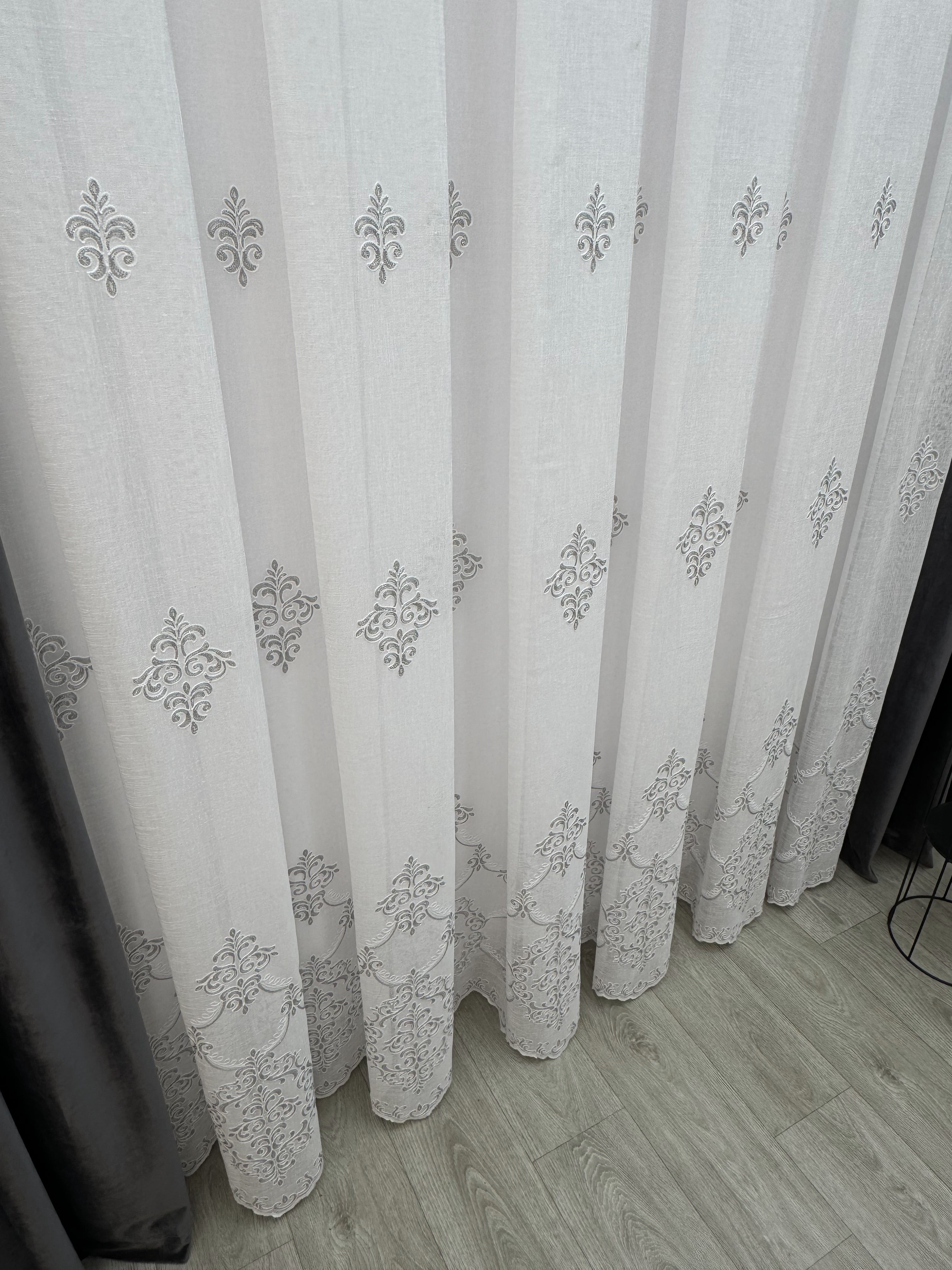 Linen sheer curtain with beautiful embroidery, gray color