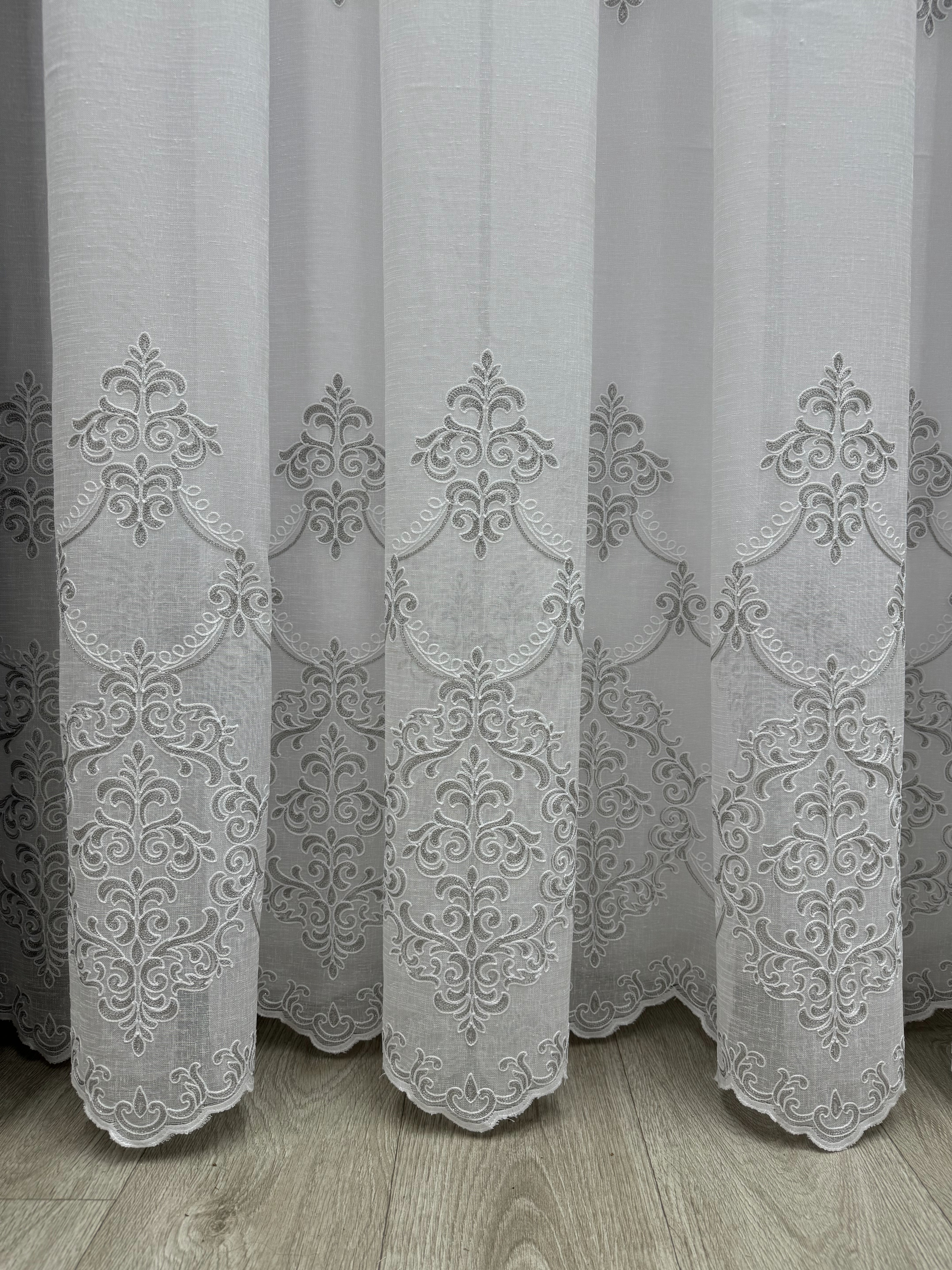 Linen sheer curtain with beautiful embroidery, gray color