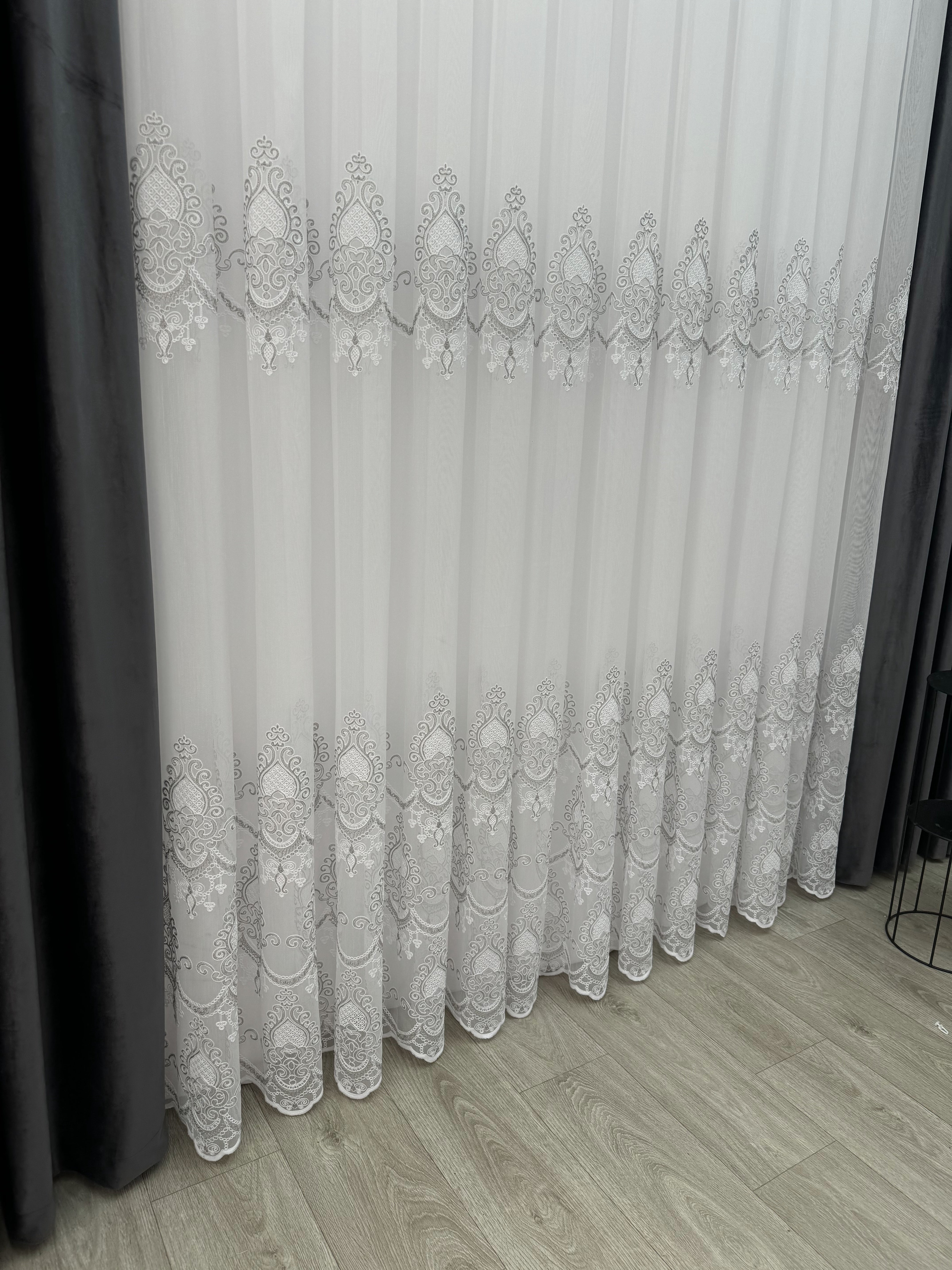 Bamboo-based sheer curtain with chenille embroidery, gray color