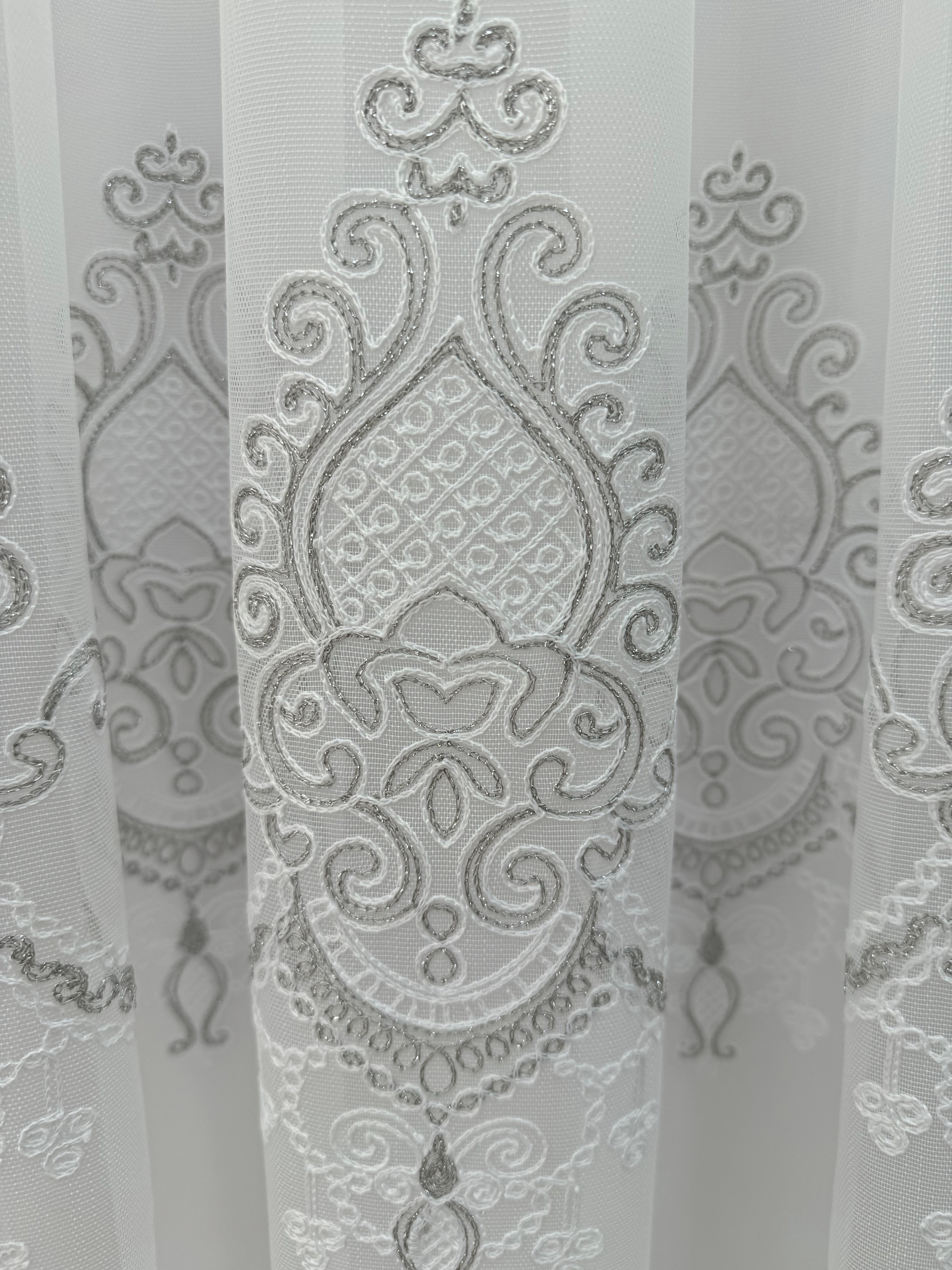Bamboo-based sheer curtain with chenille embroidery, gray color