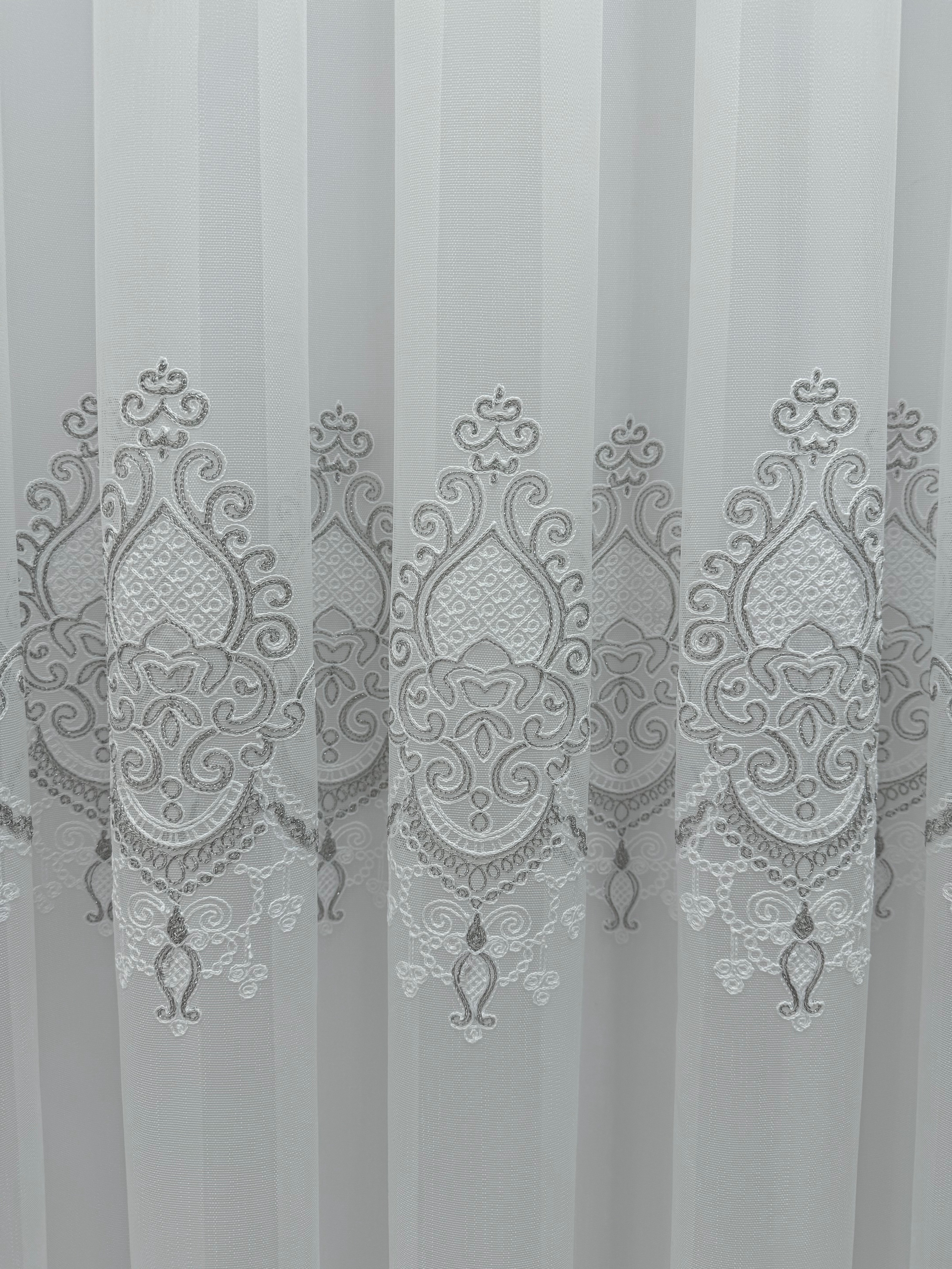 Bamboo-based sheer curtain with chenille embroidery, gray color