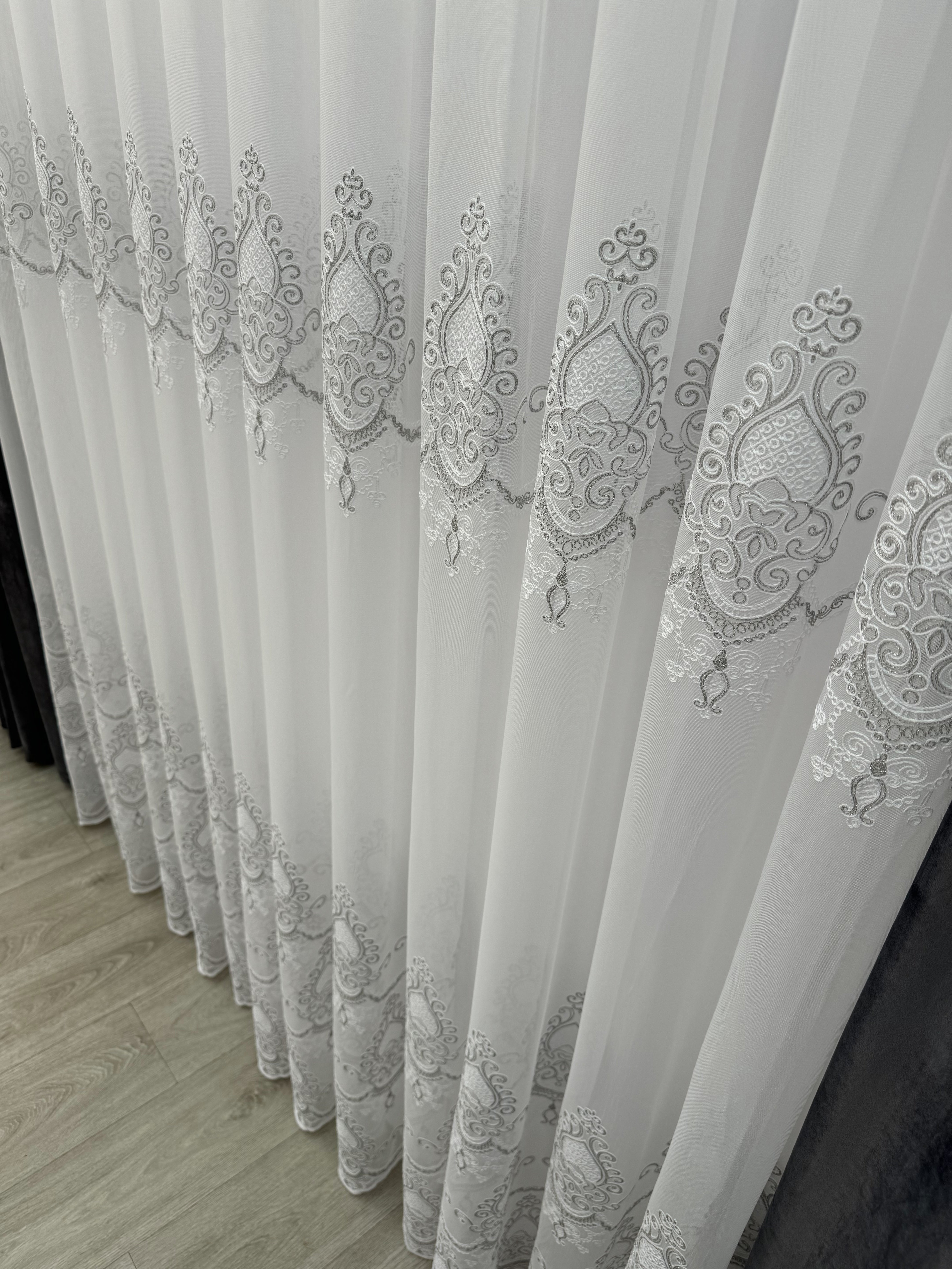 Bamboo-based sheer curtain with chenille embroidery, gray color